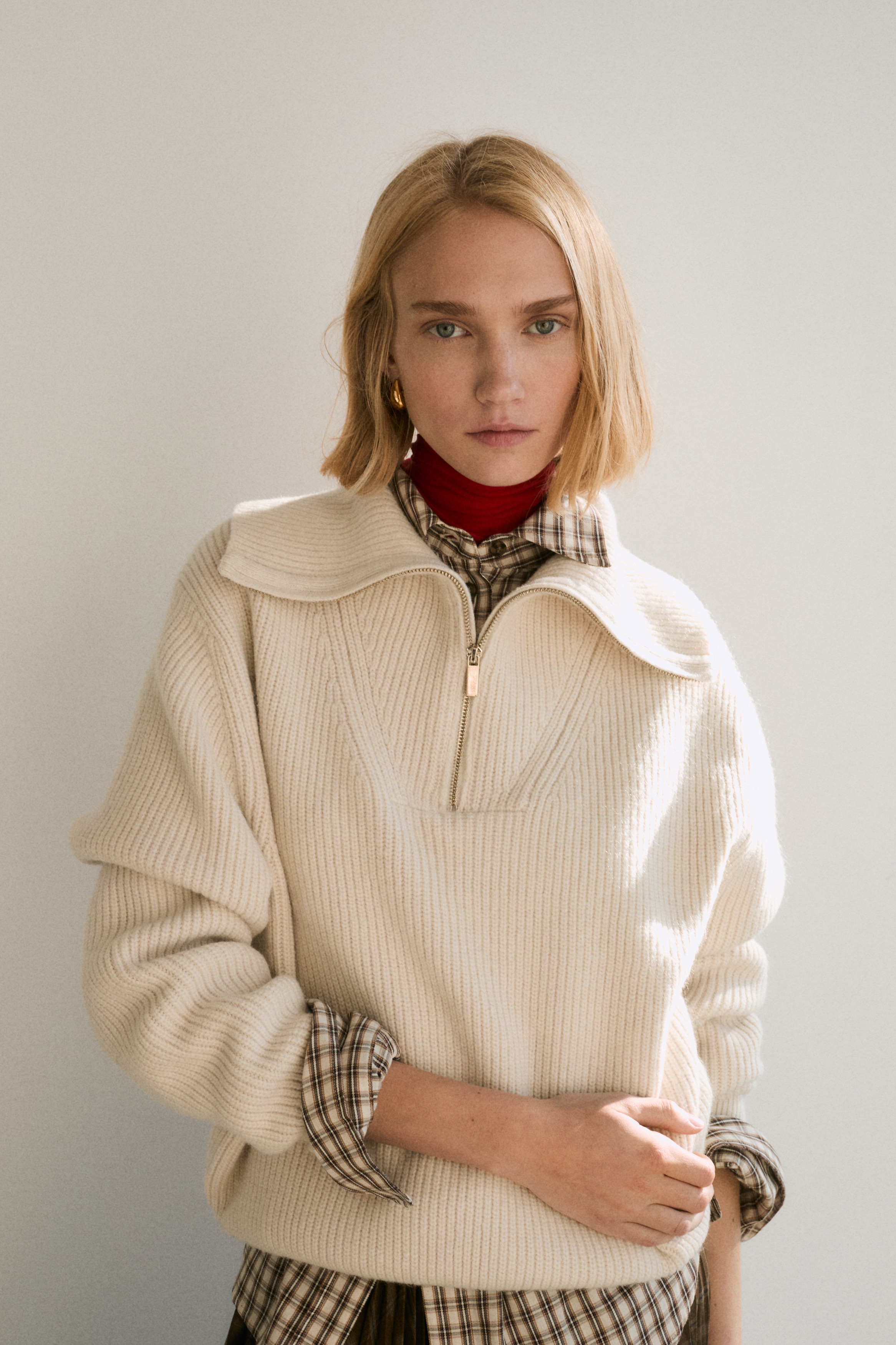 HERMES ベージュ ジップアップセーター　リバーシブル ハーフジップ リブニットセーター - クリーム - レディース | H&M JP