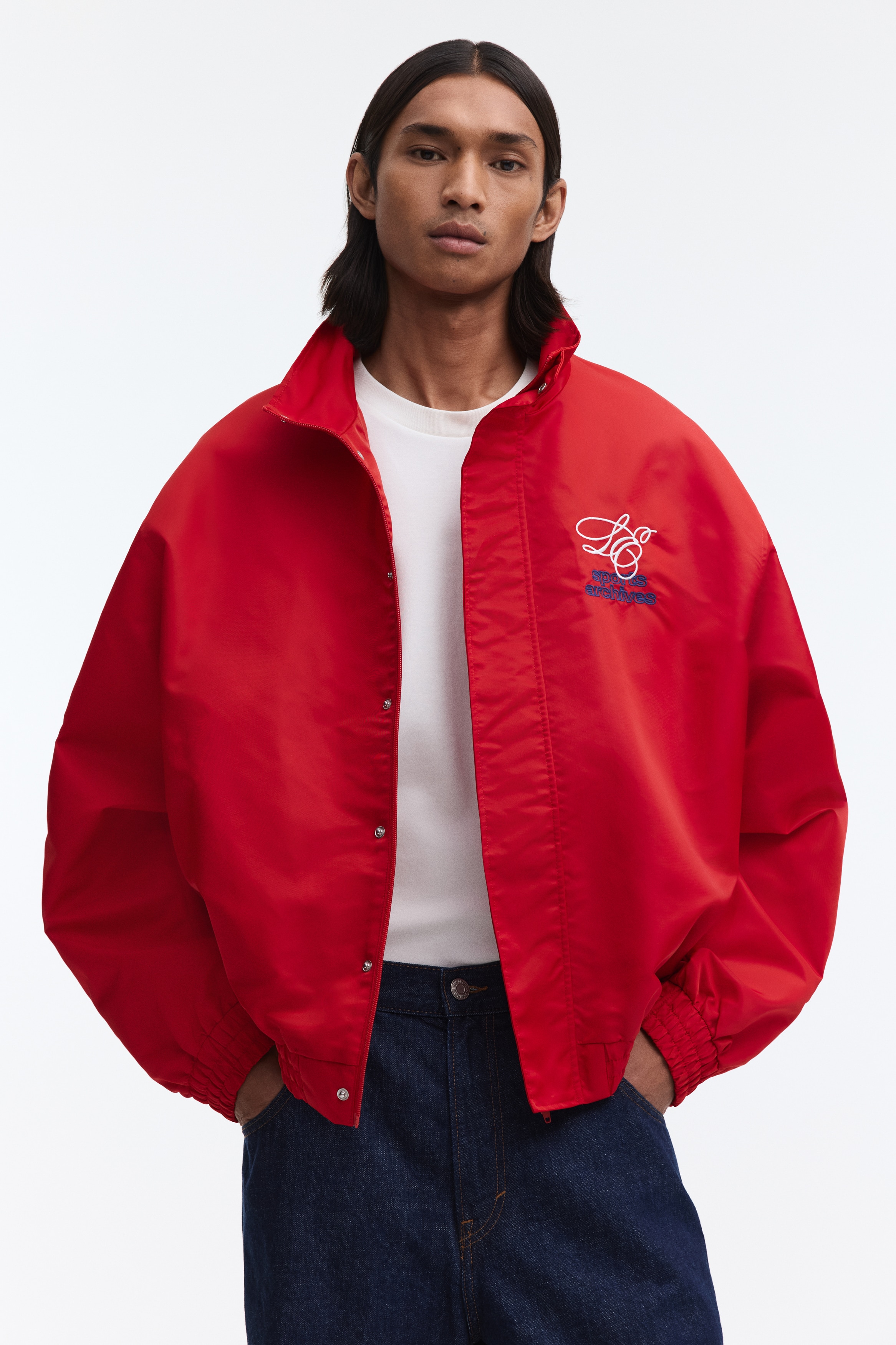 Men's Red/Sports Archives Loose-Fit Embroidered-Motif Nylon Track