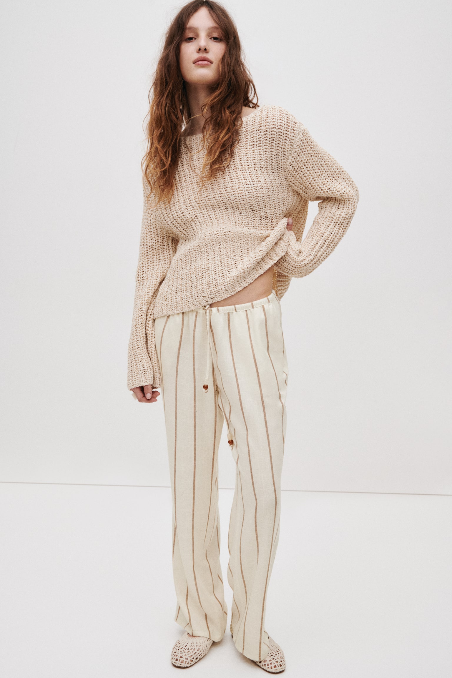 Linen-blend drawstring trousers - Cream/Striped/Light beige/Black/Rust red/Black/Striped/Olive green/Ivory - 2