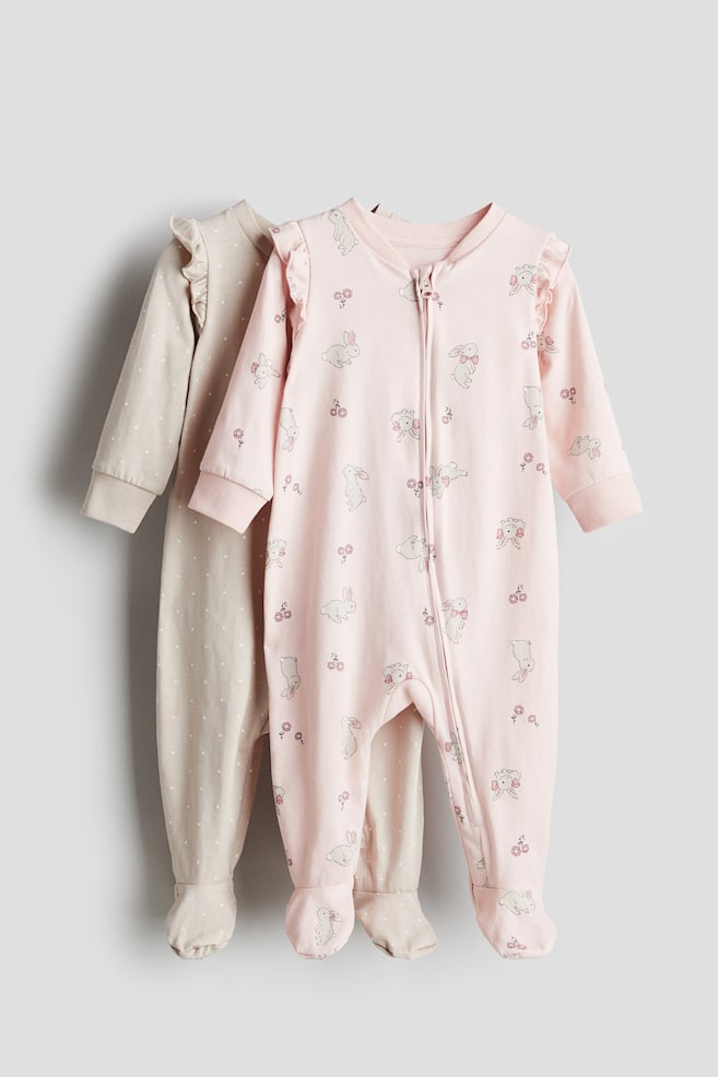 Set van 2 pyjamapakjes met ritssluiting - Lichtroze/konijntjes/Lichtblauw/wolken/Lichtgrijs/teddyberen/Lichtpaars/strikken - 1