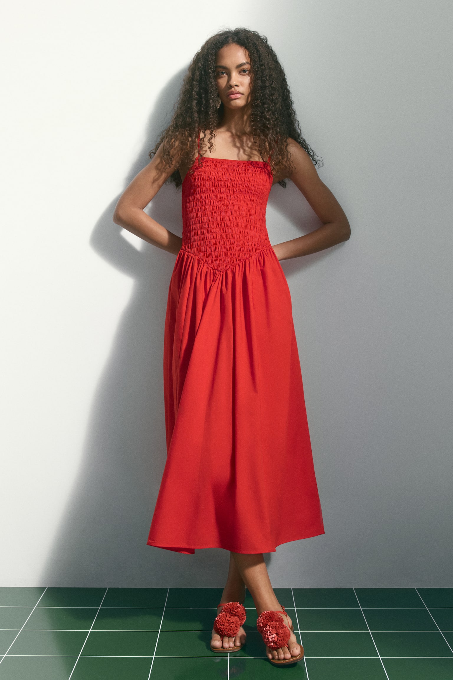 Smocked flared-skirt dress-Red - 7