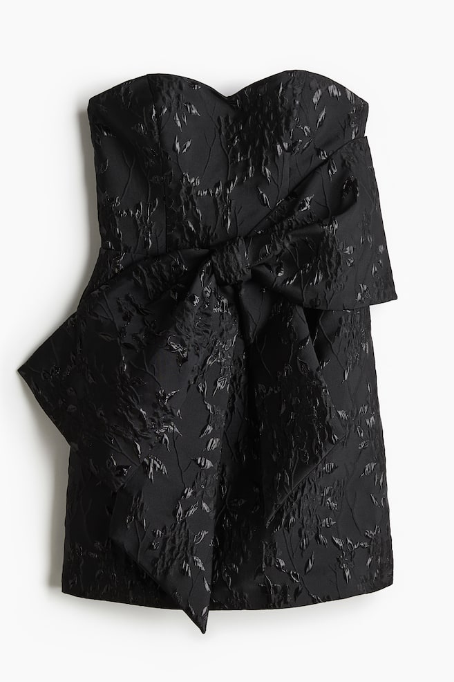 Vestido en tejido jacquard con lazo decorativo - Negro - 1