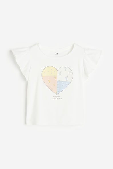 Flutter-sleeved Jersey Top - White/heart - Kids | H&M US