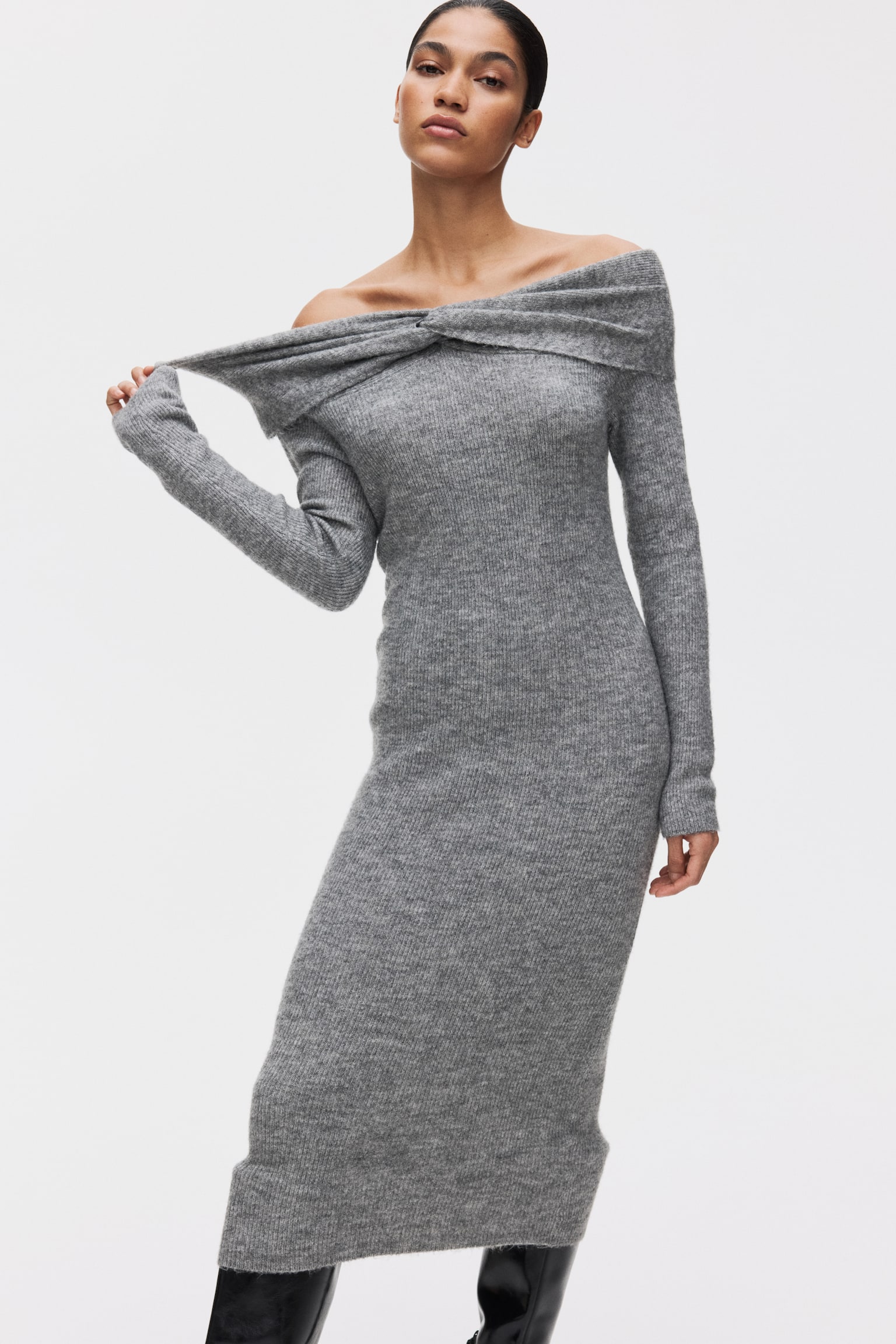 Fine-knit off-the-shoulder dress - Grey marl/Black - 5