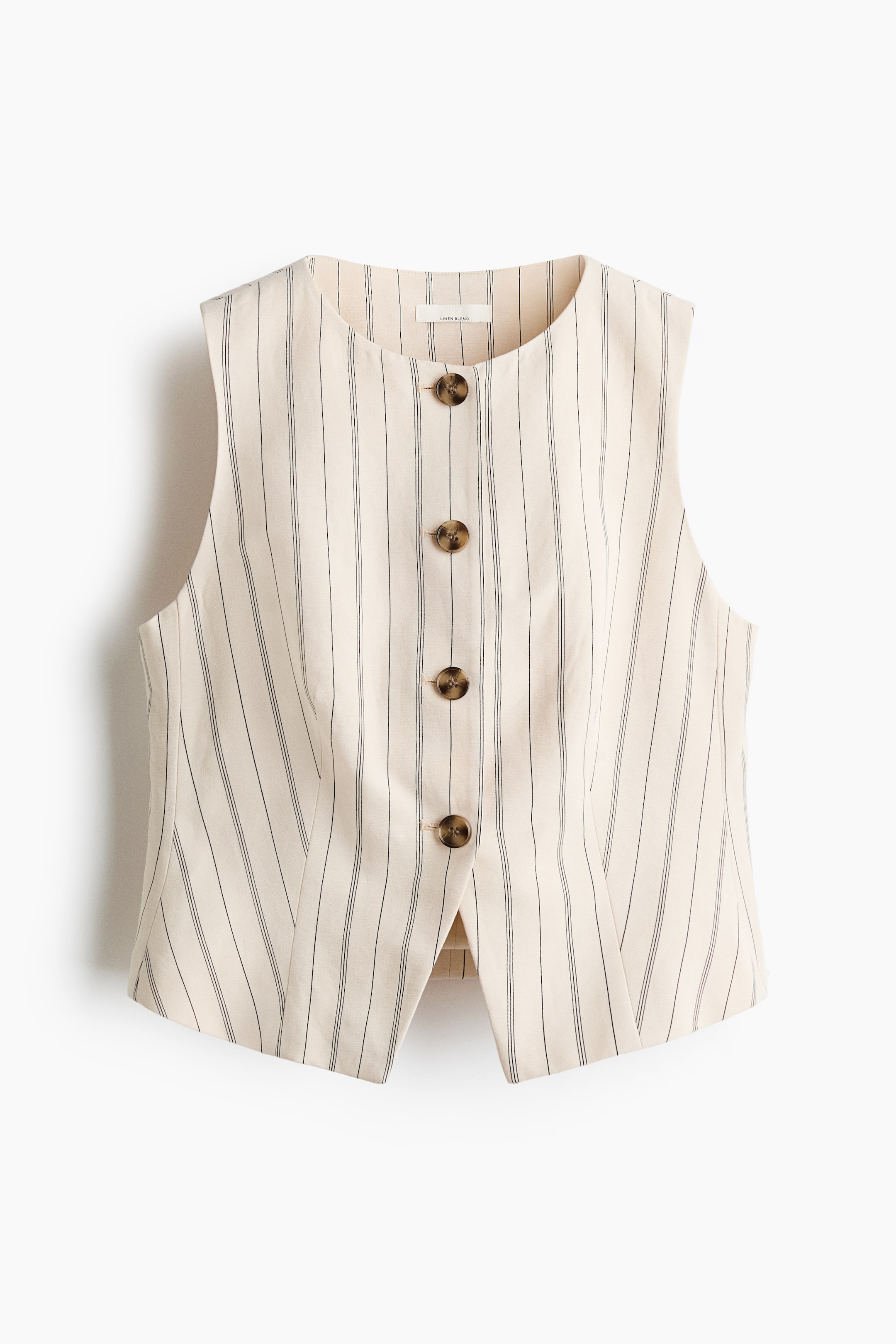 View larger image: A tailored waistcoat is showcased front-facing, featuring a cream woven fabric adorned with slender black vertical stripes. It is crafted with a round neckline and five brown buttons cascading down the front, concluding at a pointed hem with a subtle central split.
