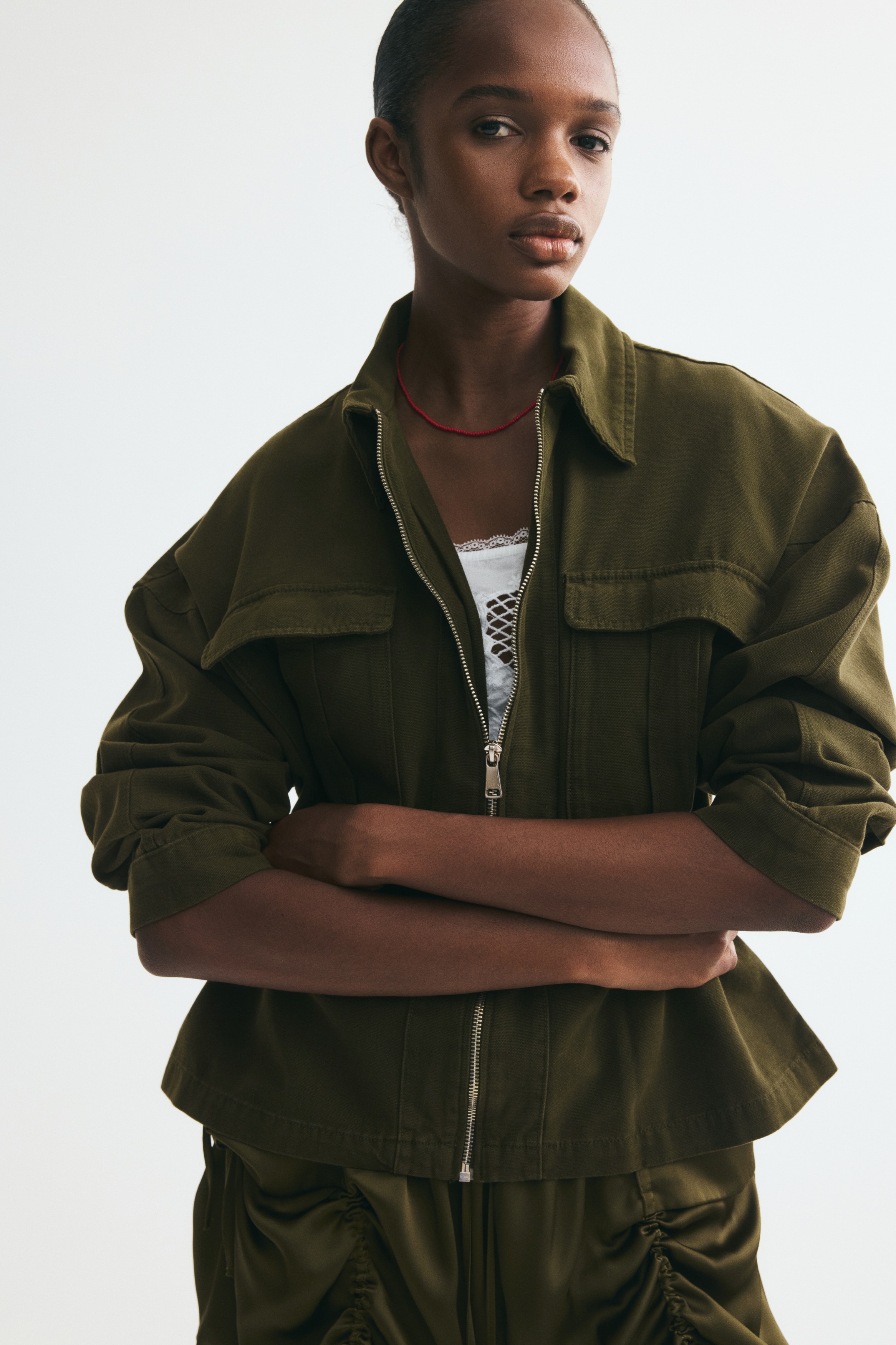 Drawstring-detail utility jacket - Khaki green