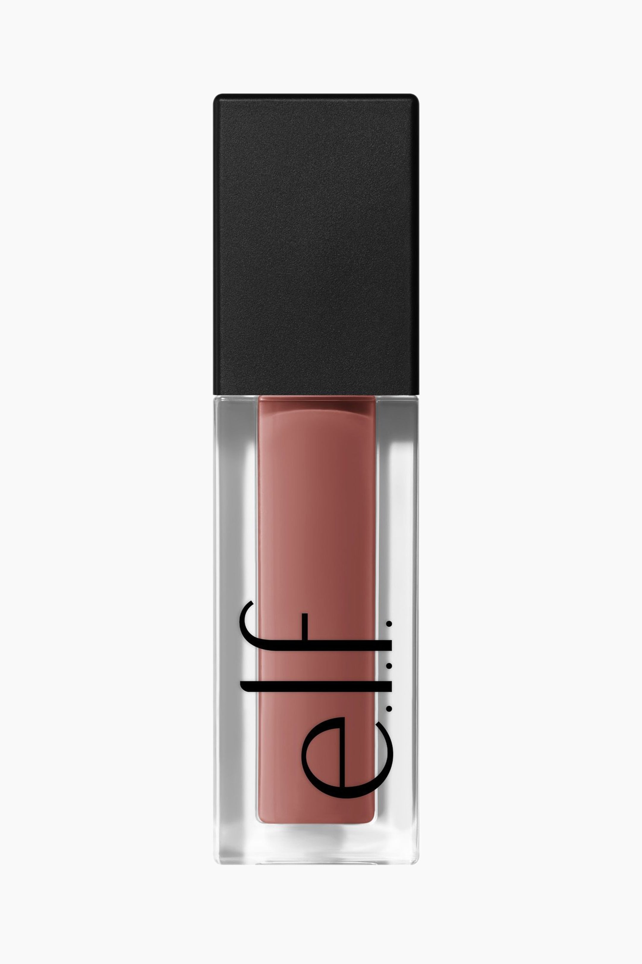 Visa större bild: En rektangulär e.l.f. liquid lip-produkt står upprätt, med en genomskinlig behållare fylld med en dämpad rödbrun nyans. Varumärket "e.l.f." är tryckt vertikalt i svart på framsidan och produkten är försedd med ett svart matt lock.