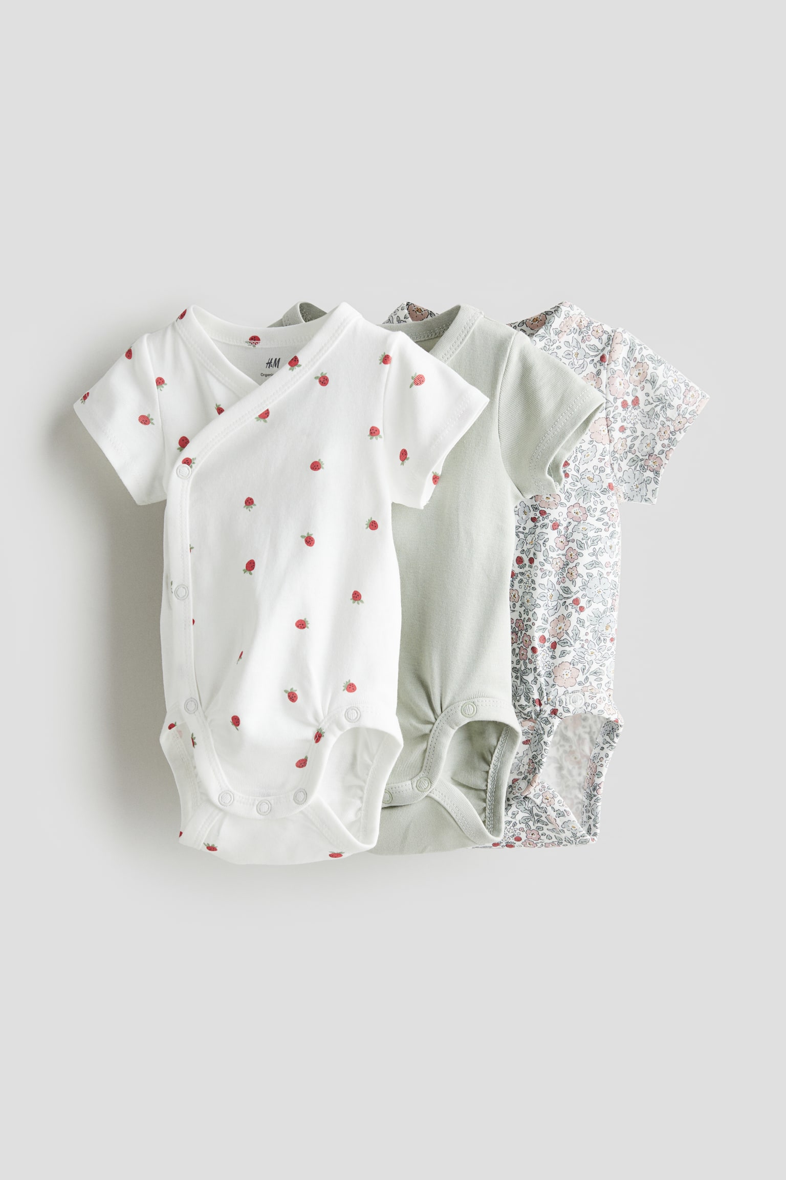 3-pack wrapover bodysuits - White/Strawberries/Dark grey/Floral/Light beige/Patterned - 1