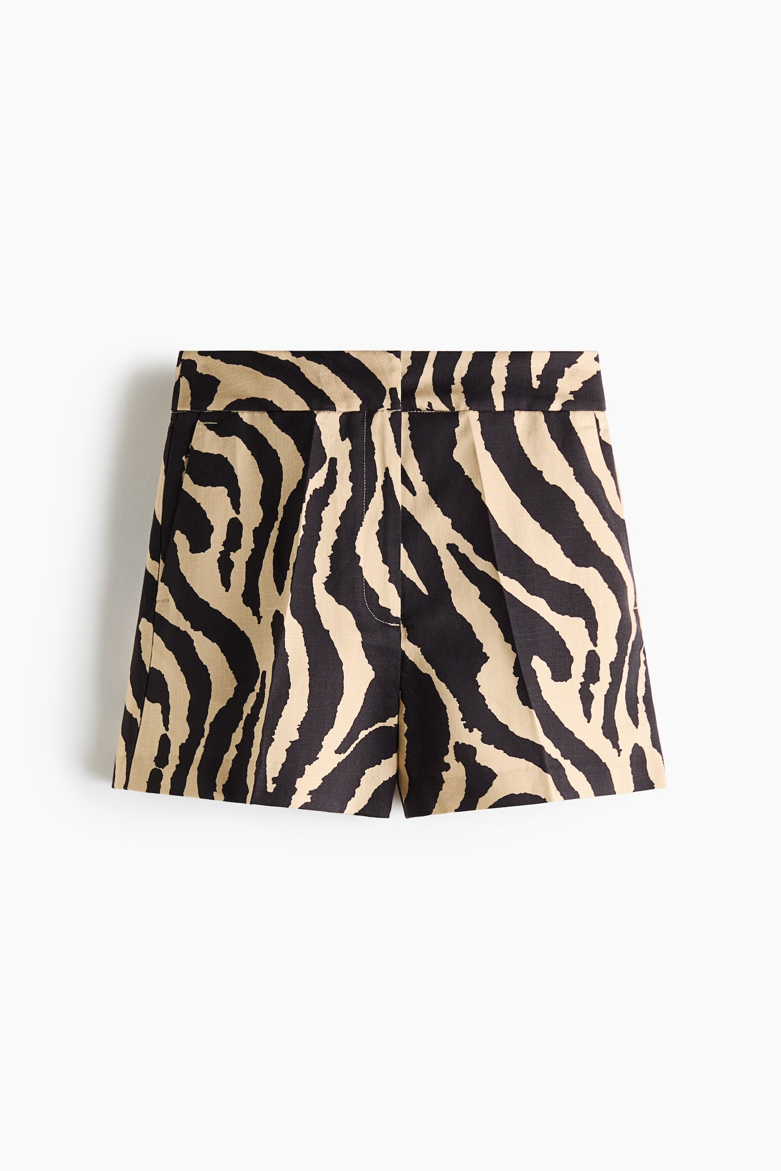 Geklede short van linnenmix - Zwart/zebradessin/Groen - 1