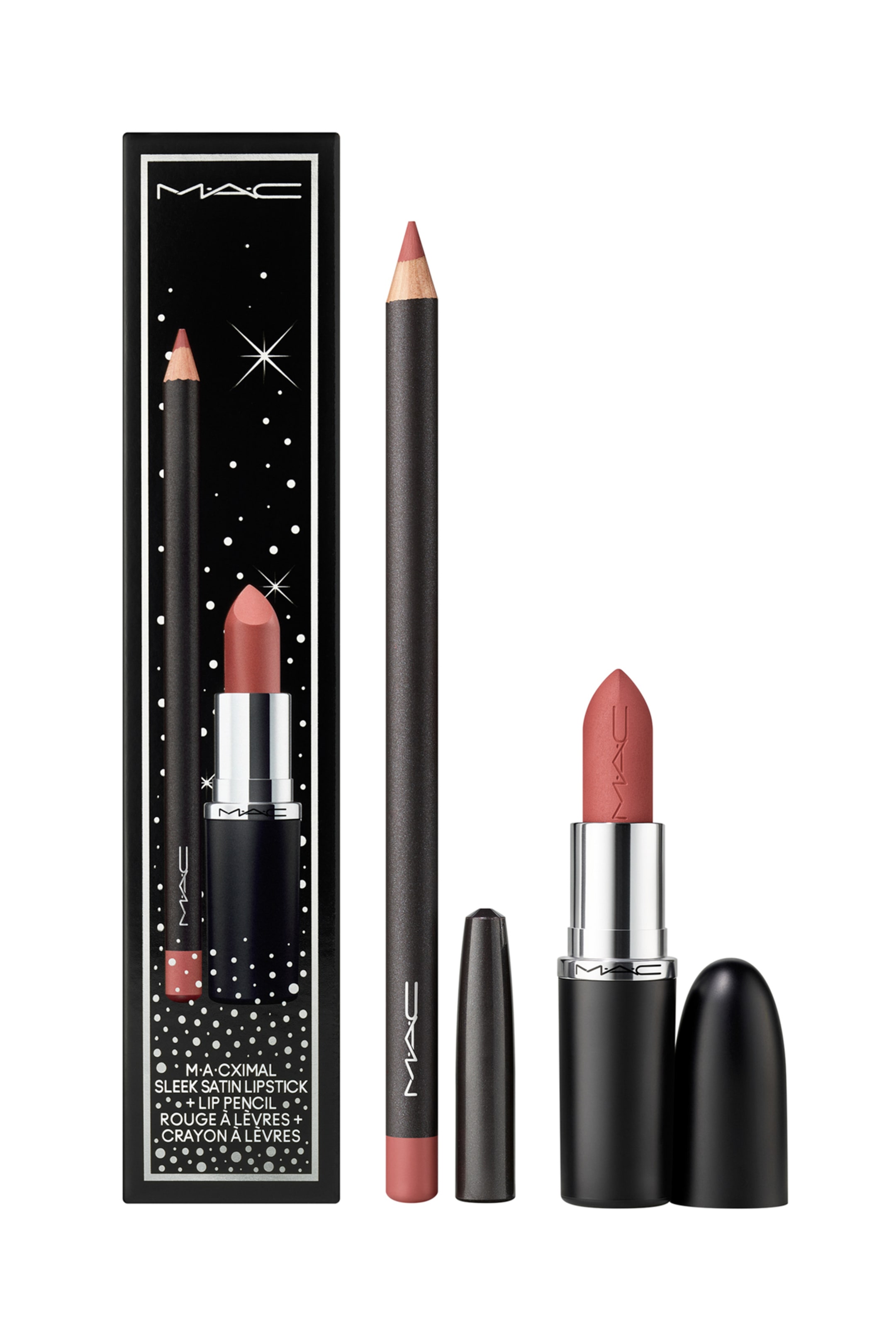 Visa större bild: MAC Teddy Love Lip Combo visar en läppenna, ett läppstift och deras korkar stående upprätt bredvid en svart dekorativ ask. Den vässade läppennan visar en dammrosa spets, medan det öppna läppstiftet visar en matchande bullet med satinfinish i ett silver- och svart hölje.