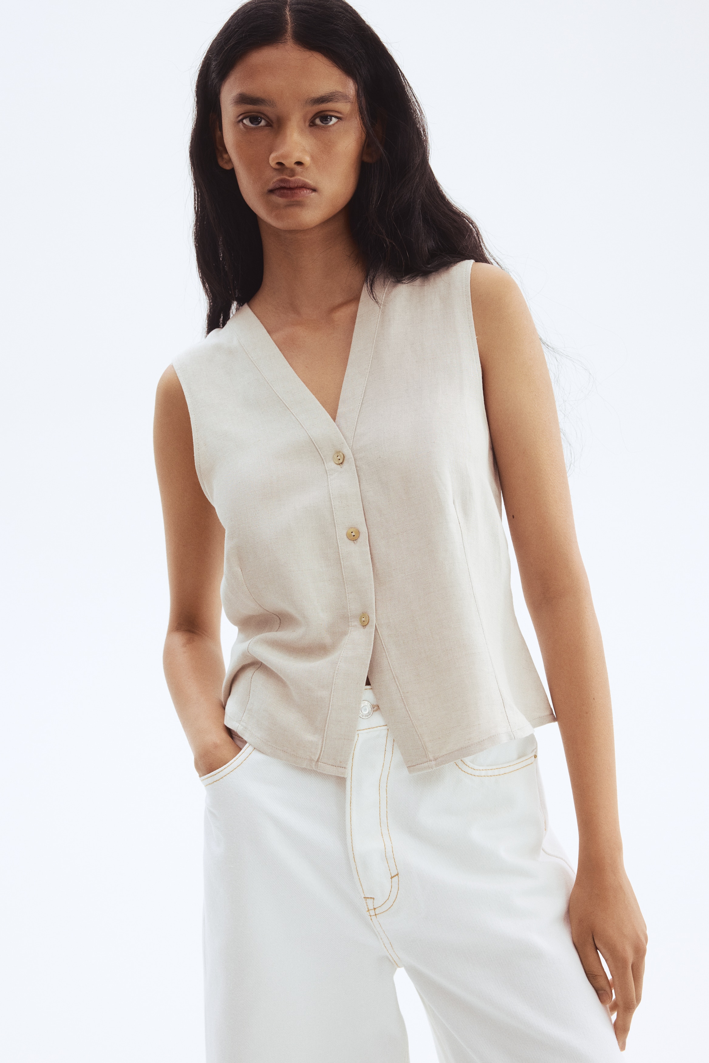 Sleeveless linen-blend Top
