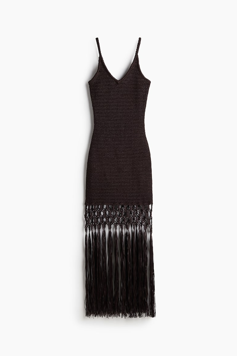 Crochet-Look Dress with Fringe - Dark brown