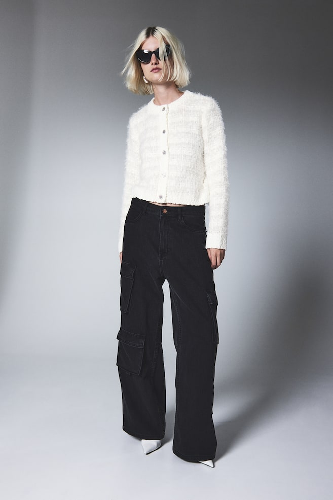 Rhinestone-button fluffy-knit cardigan - Natural white - 3