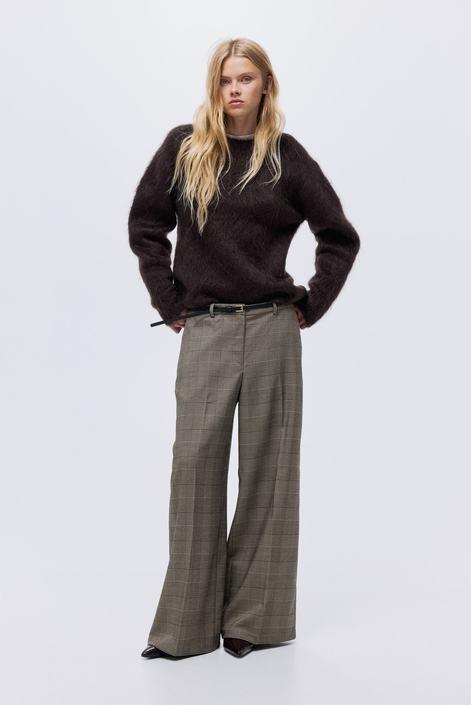 Pantalon en twill avec ceinture - Grège/carreaux - 2