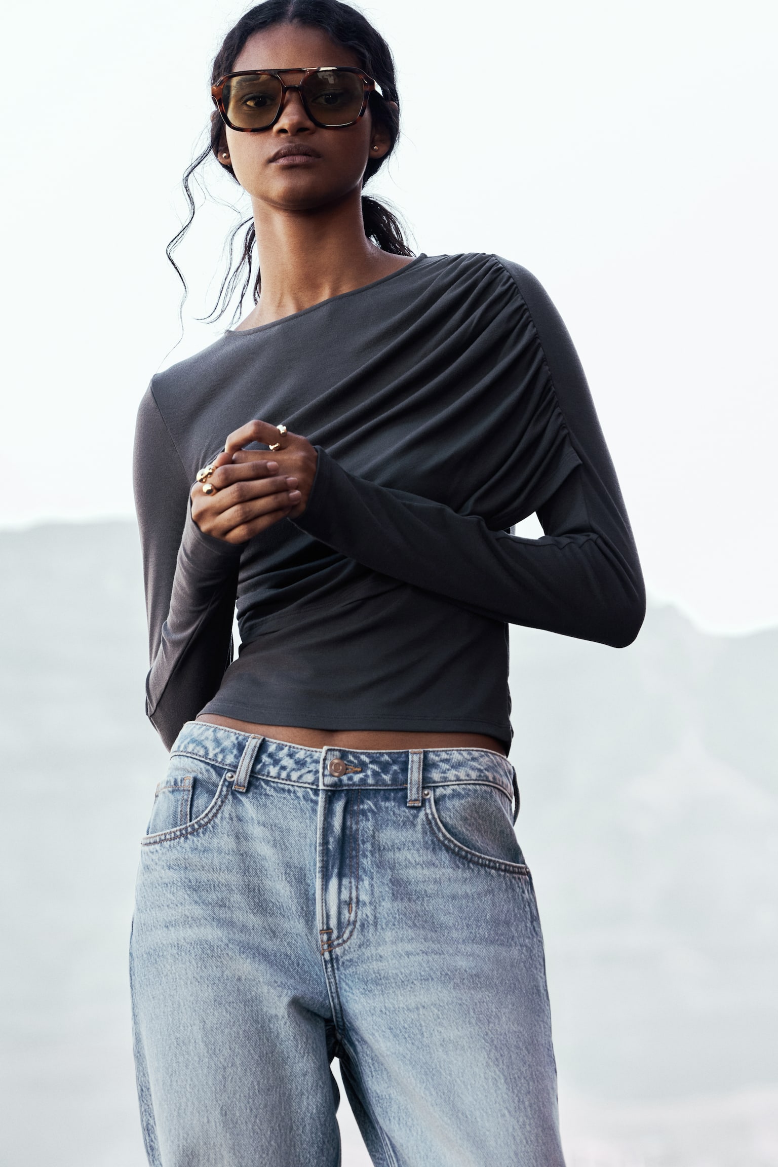 Drapowany top z wiskozy - Ciemnoszary/Czarny/Oliwkowy - 4