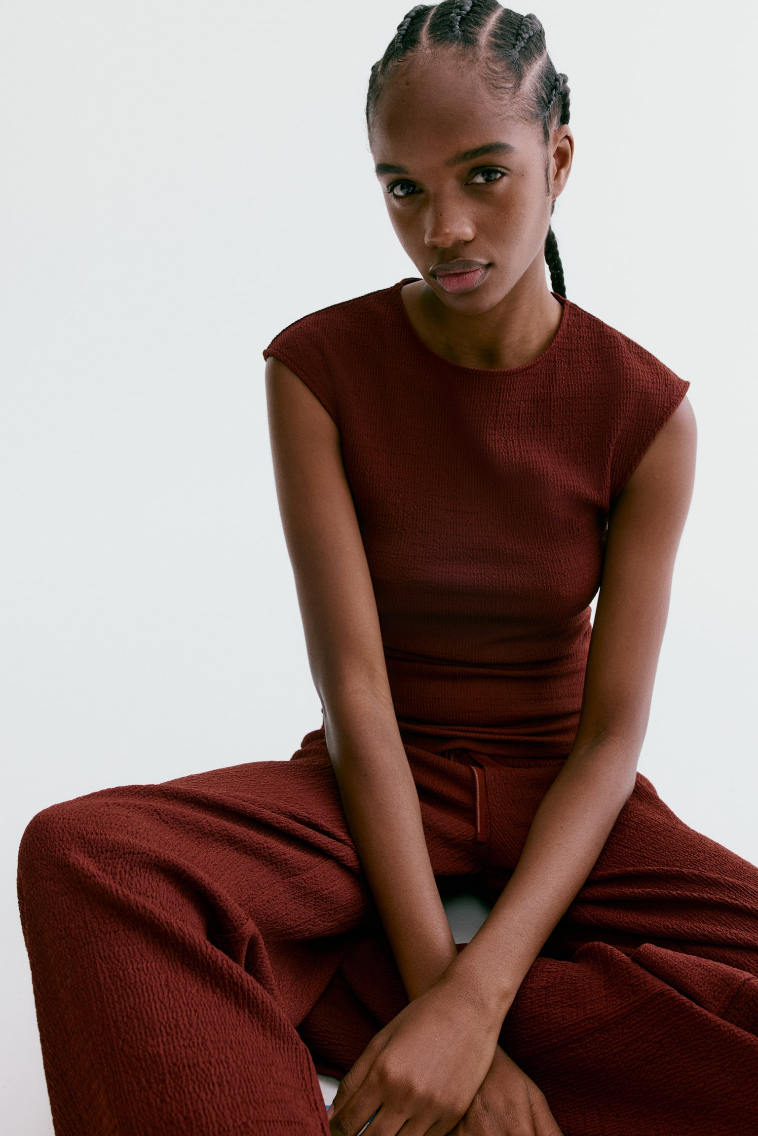 Textured jersey top - Rust red/Light beige/Patterned/Black - 5