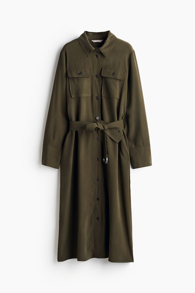h&m khaki shirt dress Women's Dark khaki green Midi shirt dress