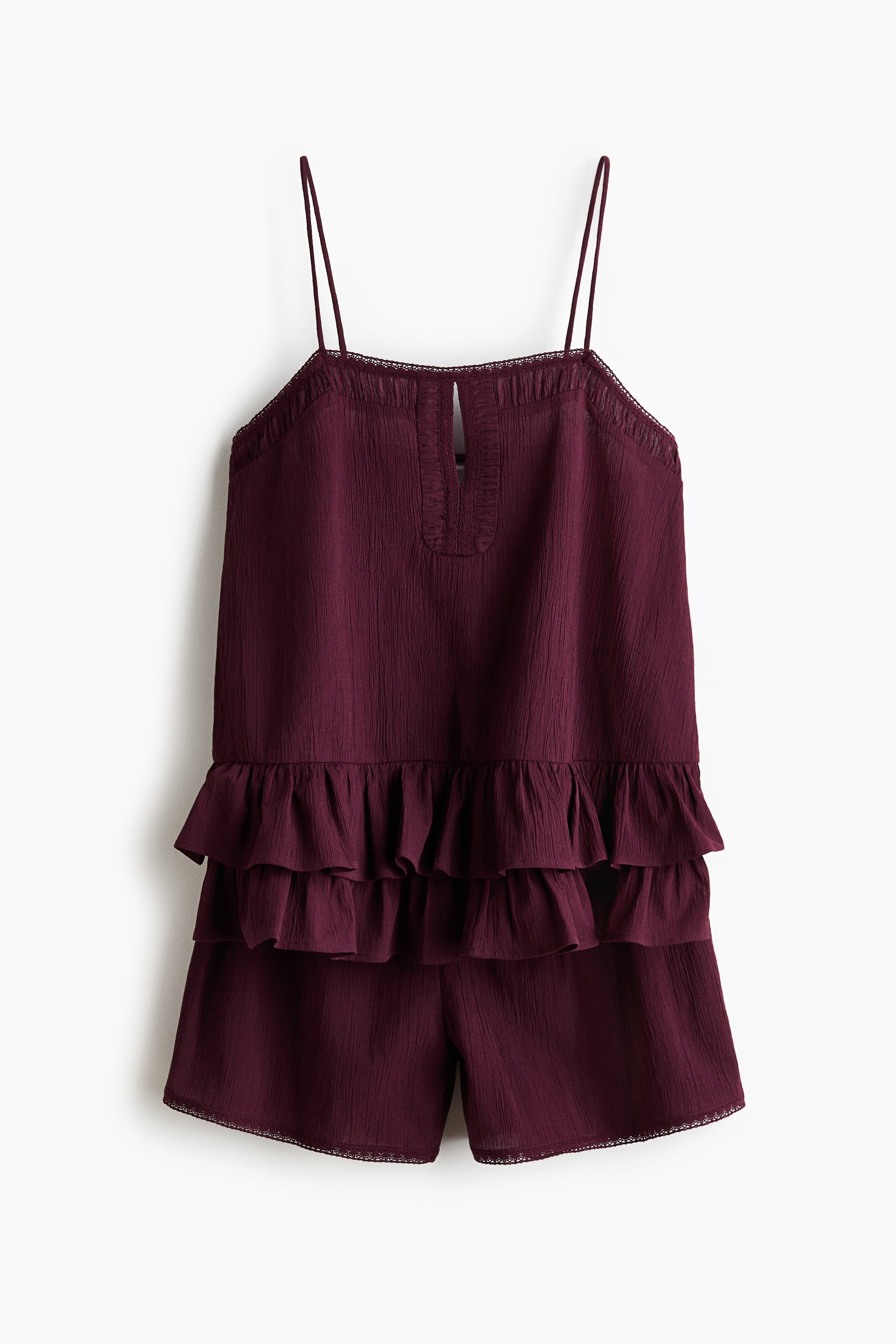 Pijama con bordes de encaje en algodón - Borgoña