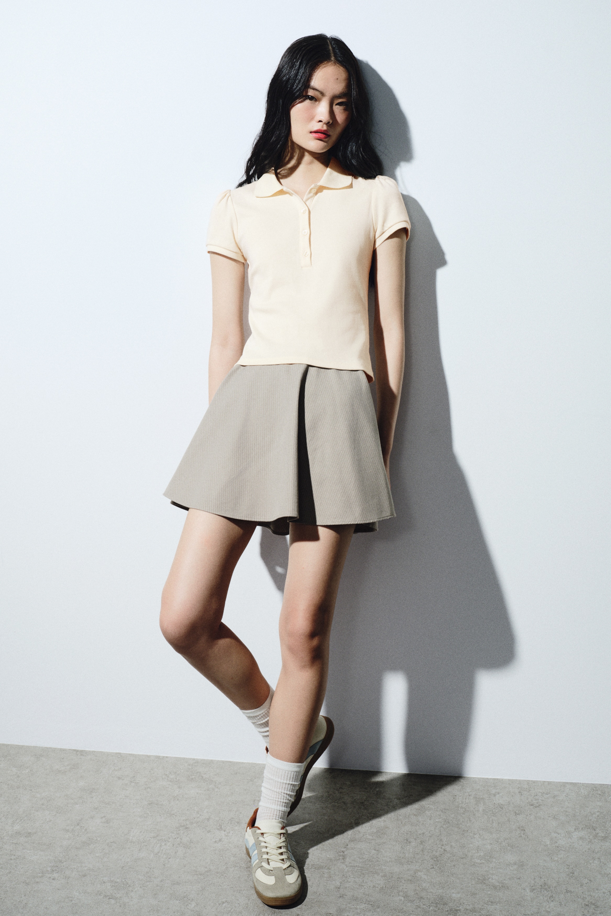 Puff-Sleeved Polo Shirt - Light beige/Light gray melange