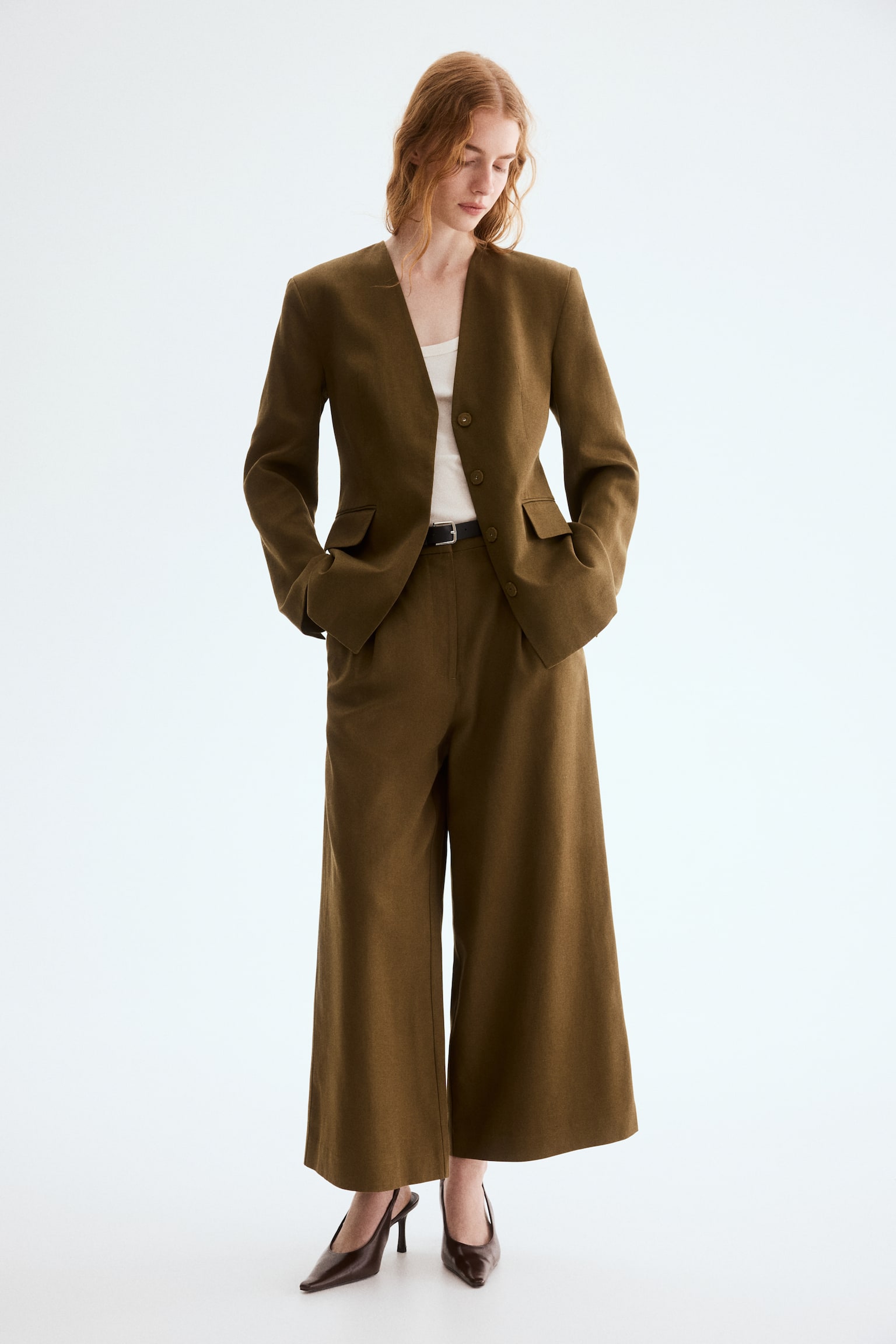 Blazer in misto lino - Verde kaki scuro - 2