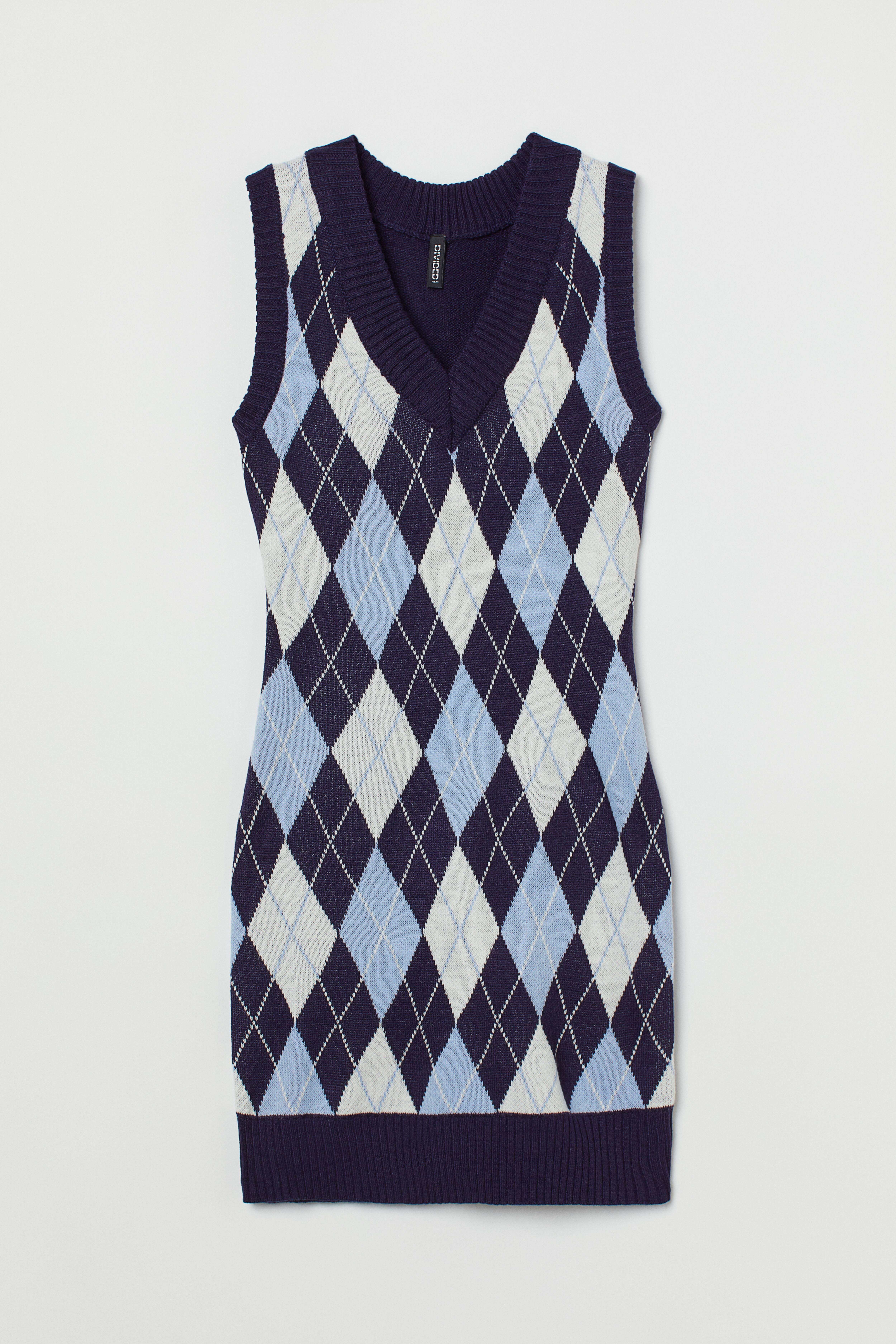 Knit Sweater Vest Dress - V-neck - Sleeveless - Dark blue/plaid - Ladies |  H&M US