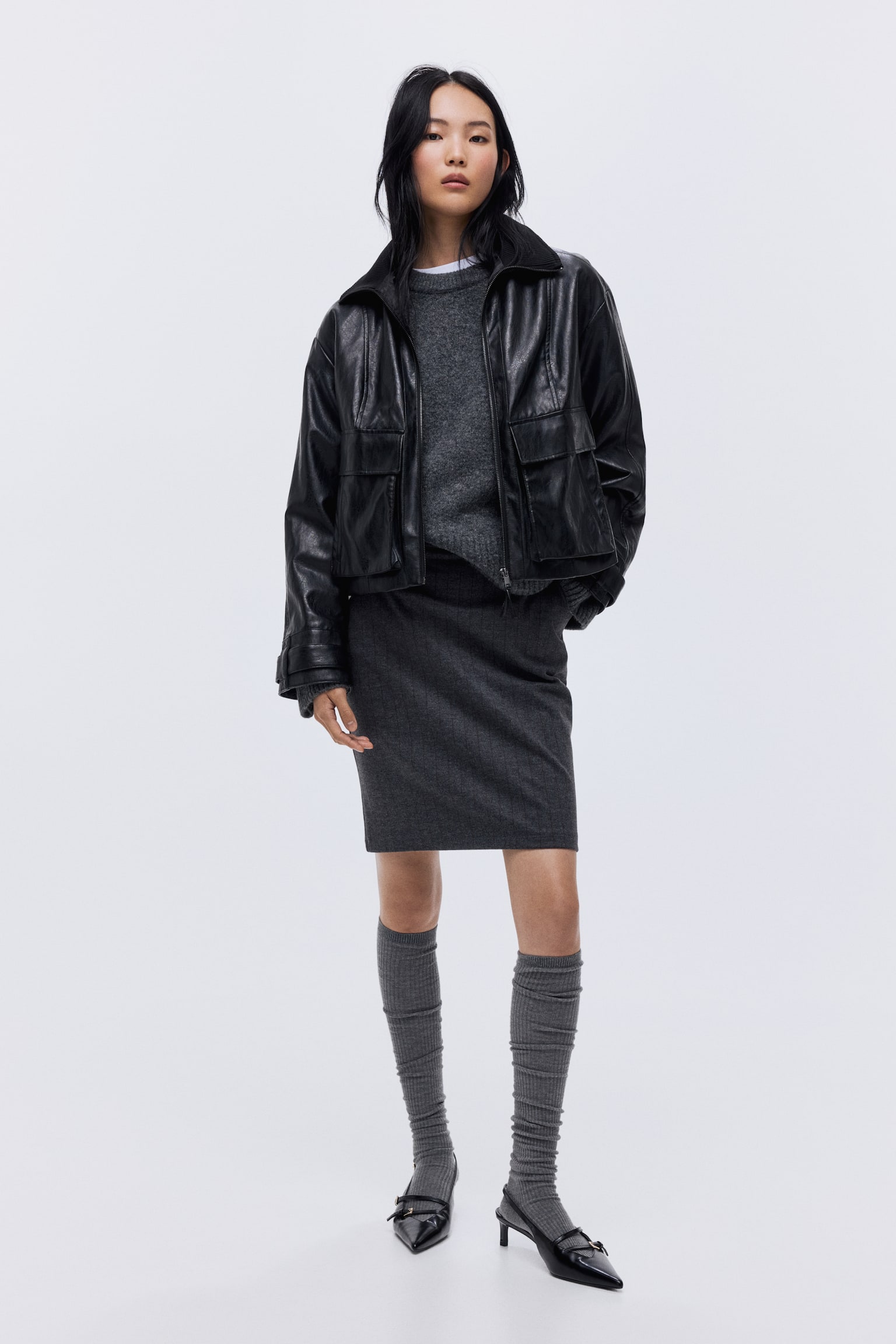 Dżersejowa spódnica ołówkowa - Szary melanż/Paski/Czarny/Ciemnoszary - 2