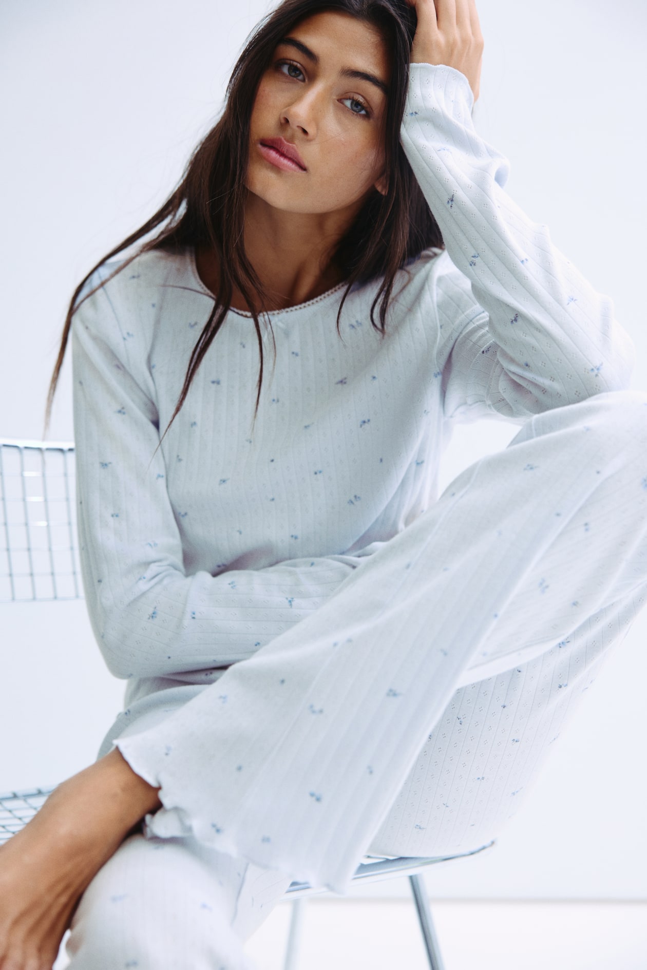 Pyjama en jersey pointelle - Bleu clair/fleuri - FEMME | H&M FR
