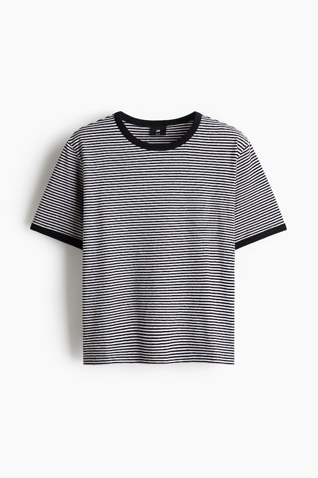 Relaxed Fit Linen-blend T-shirt - Black/Striped/Cream/Striped - 1