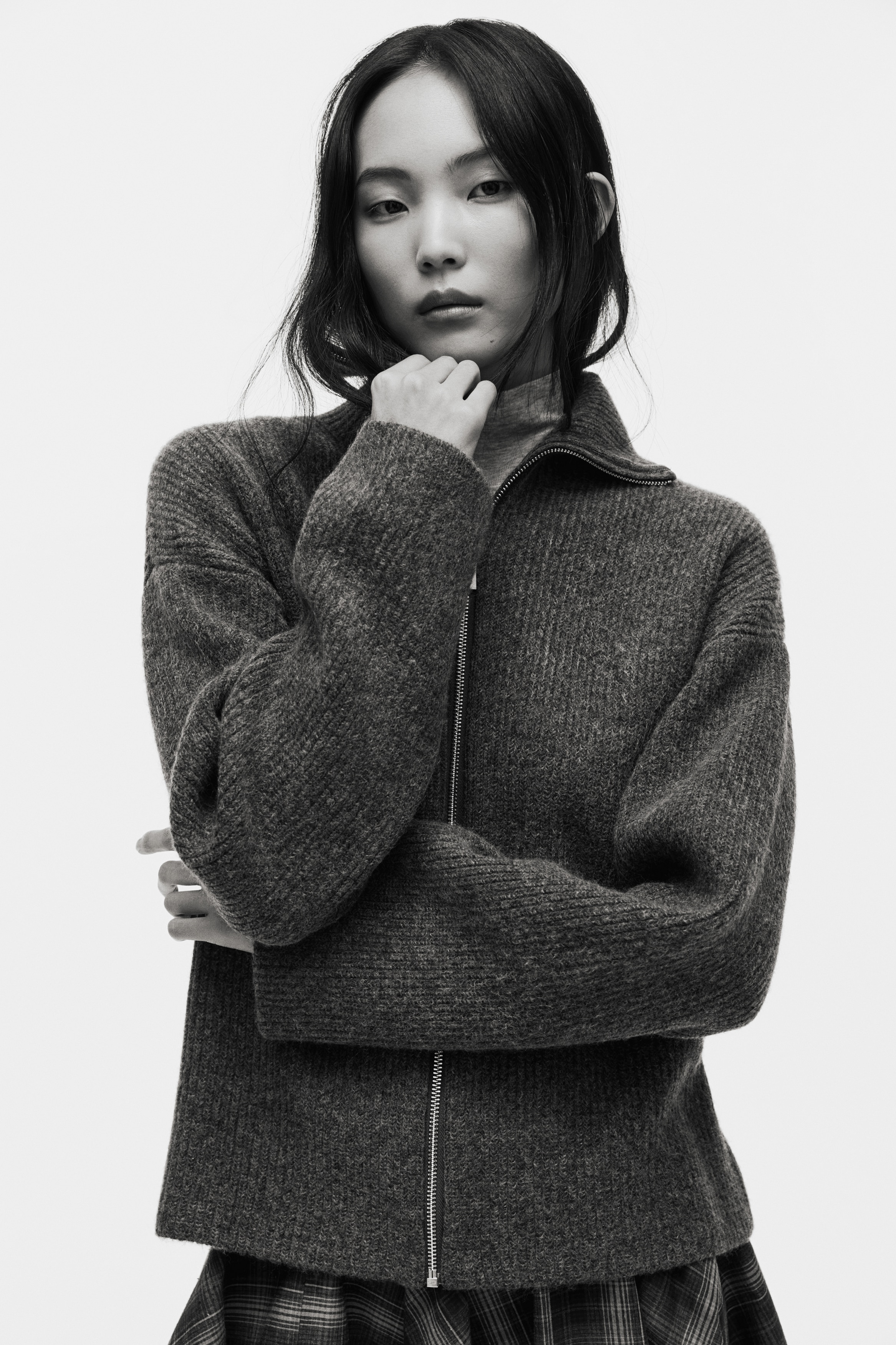 Cardigan con cerniera - Grigio scuro mélange/Marrone/Crema