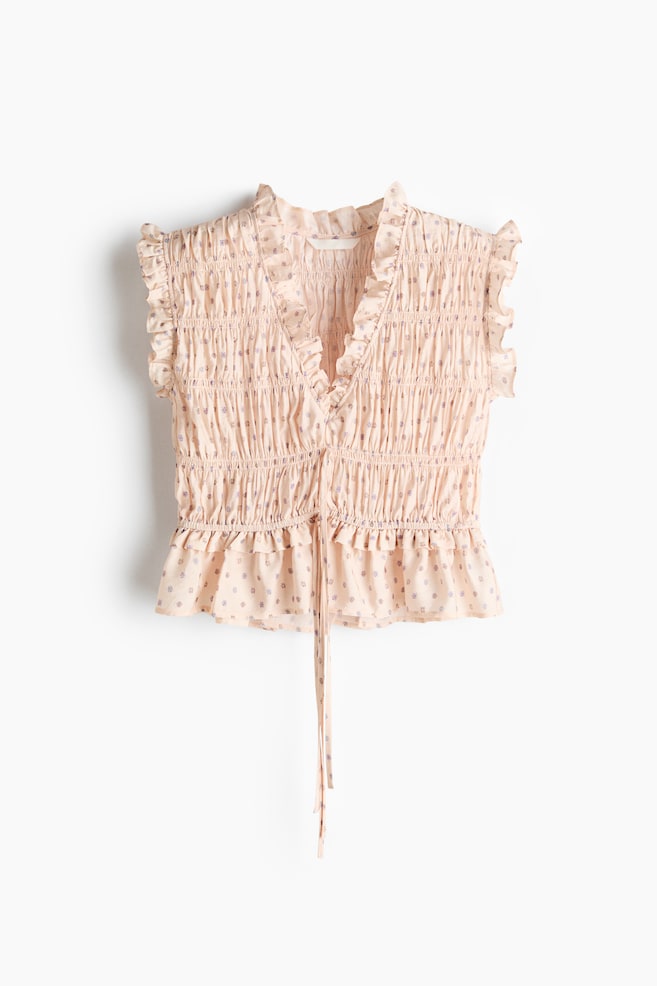 Sleeveless Smocked Blouse - Light beige/floral - 1