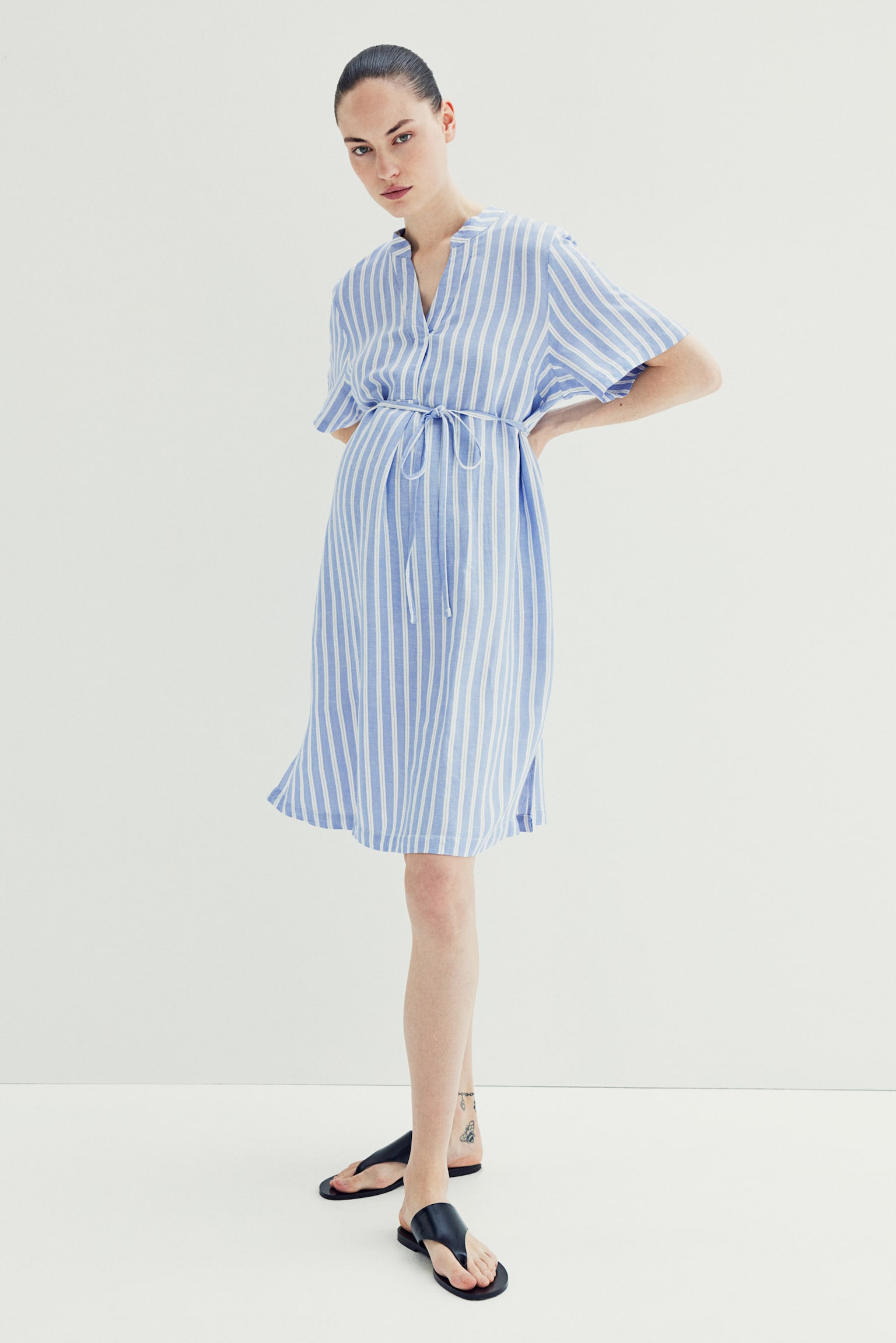 MAMA Linen Blend Tunic Dress - Blue/Stripe/White - 1