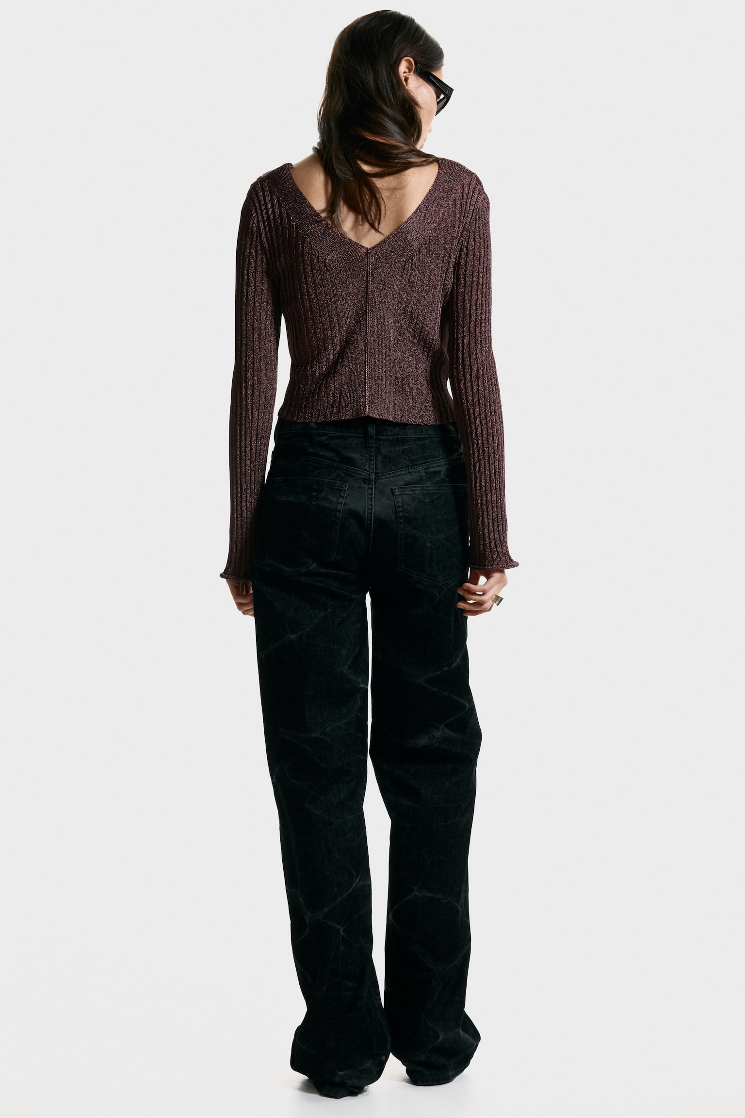 Třpytivý top z žebrovaného úpletu - Tmavě hnědá - 7