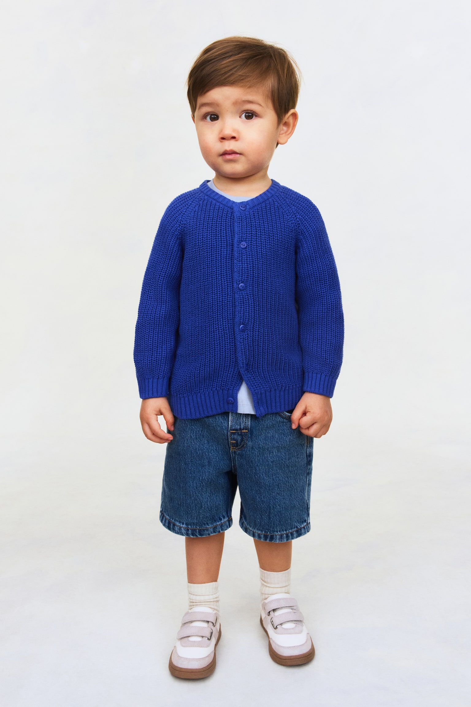 Patent-knit cotton cardigan - Bright blue/Beige - 4