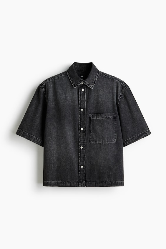 Мужская рубашка H&M Relaxed-Fit Short-Sleeved Denim, цвет: Тёмный джинсовый серый