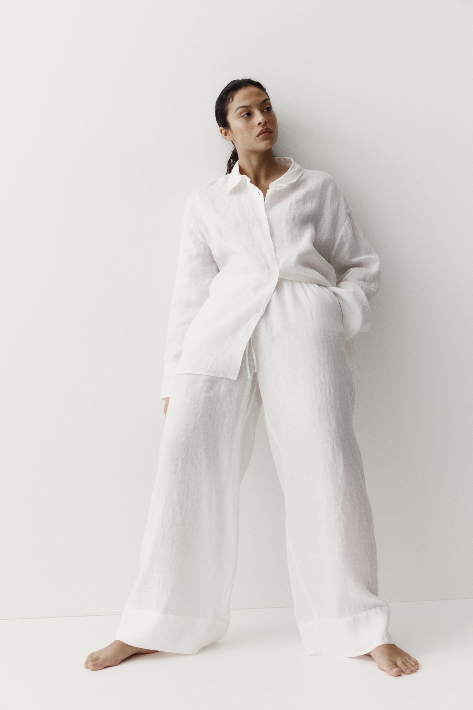 Wide linen trousers - White/Dark brown - 1