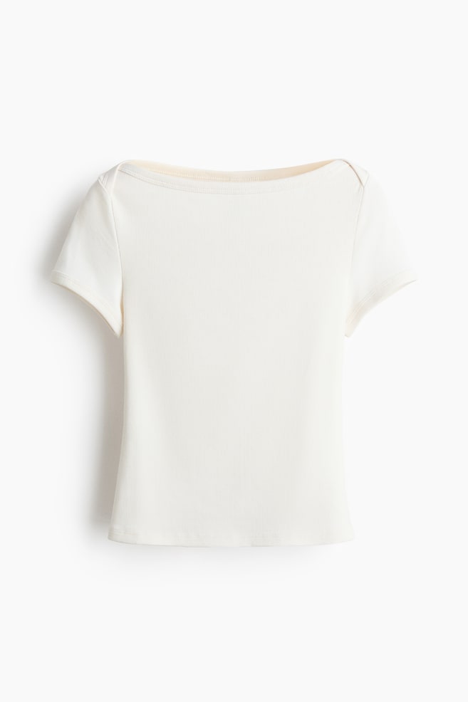 Ribbed Boat-Neck Top - White/Pale yellow - 1