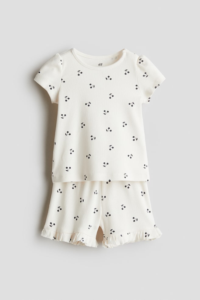 2-Piece Ribbed Cotton Set - White/cherries/Light yellow - 1