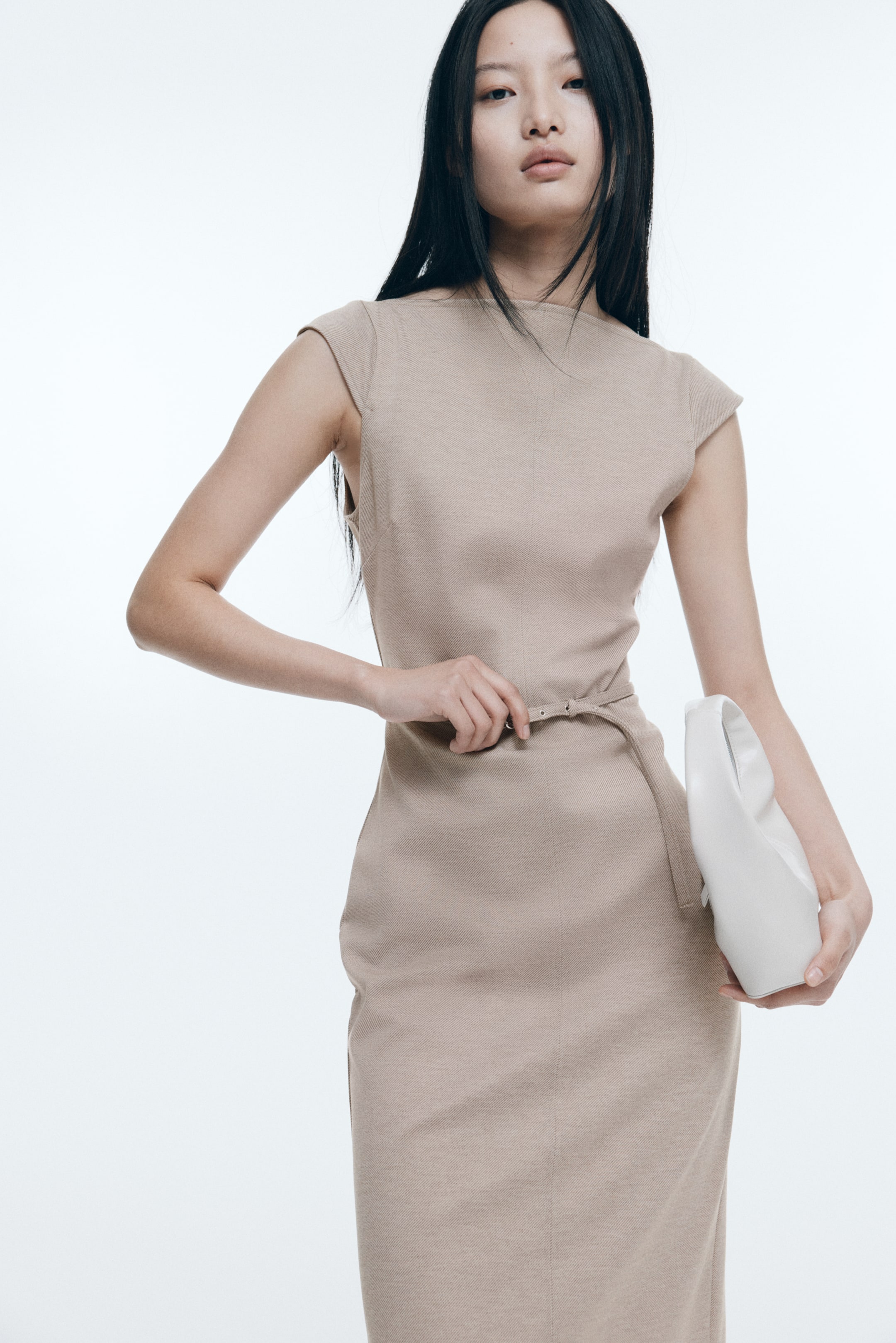 Belted cap-sleeved dress