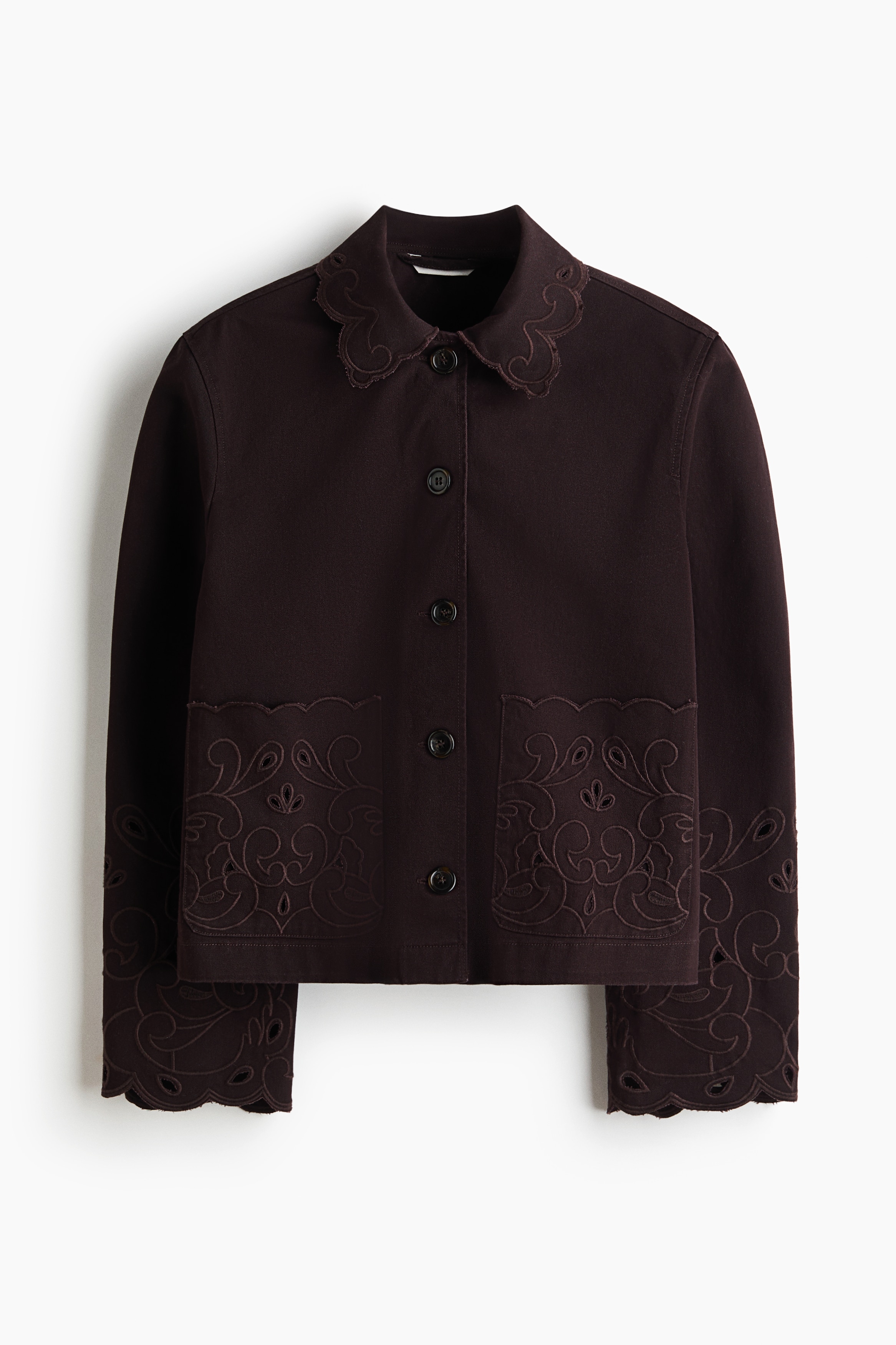 Twill Jacket with Eyelet Embroidery - Dark brown/Cream