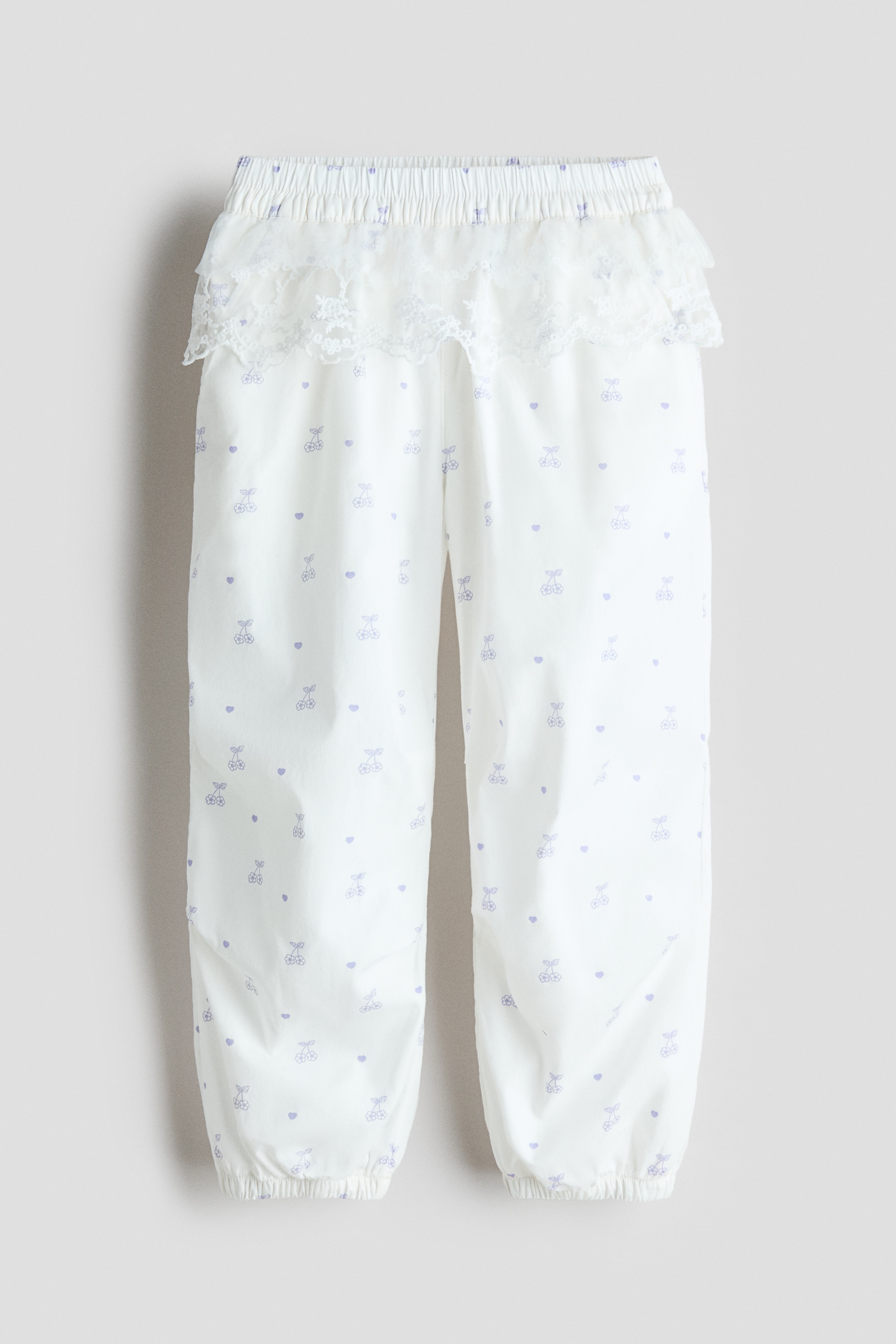 荷葉邊府綢慢跑褲 - 白色/花朵