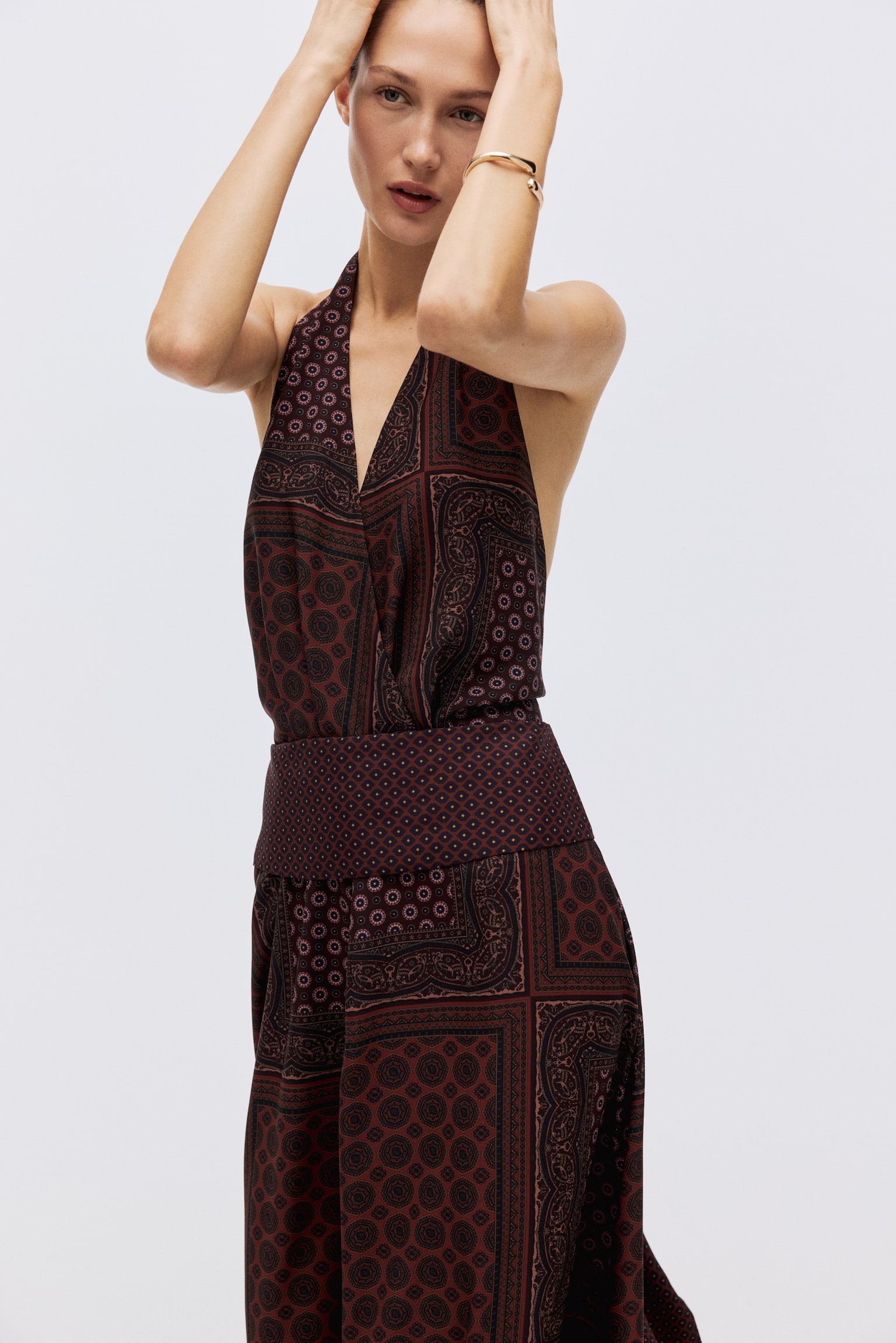 Long halterneck dress - Burgundy/Patterned - 3