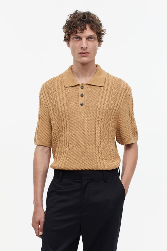 Regular Fit Cable-knit polo shirt - Dark beige - 1
