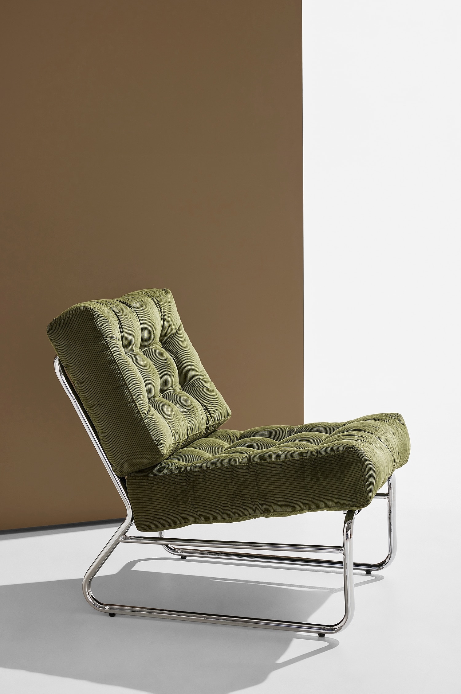 Fauteuil Lounge En Velours Côtelé Luca - Vert Et Chrome/Cannelle/Bordeaux Et Chrome/Couleur Crème