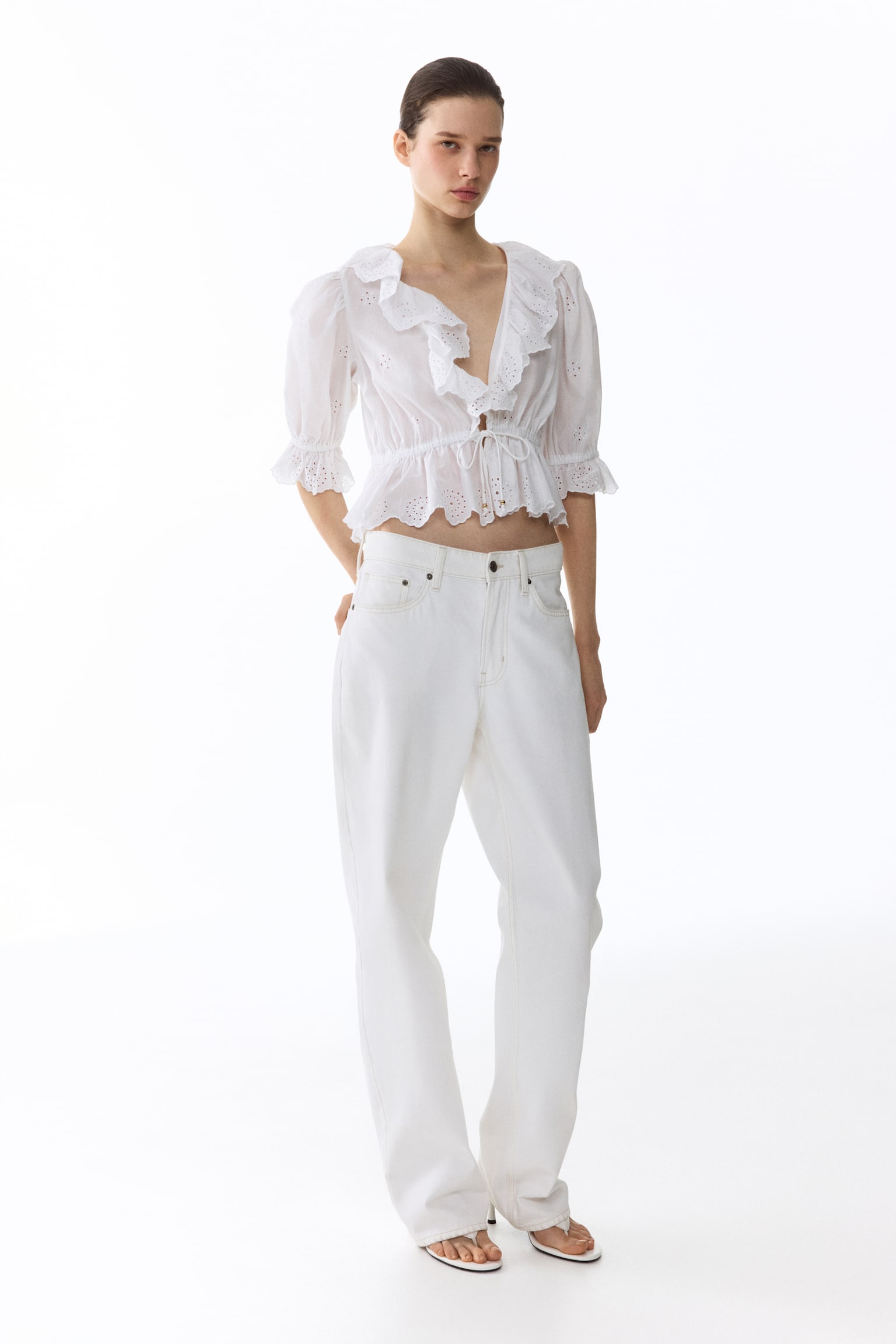 Blouse en coton avec broderie anglaise - Blanc/Rose poudré - 5