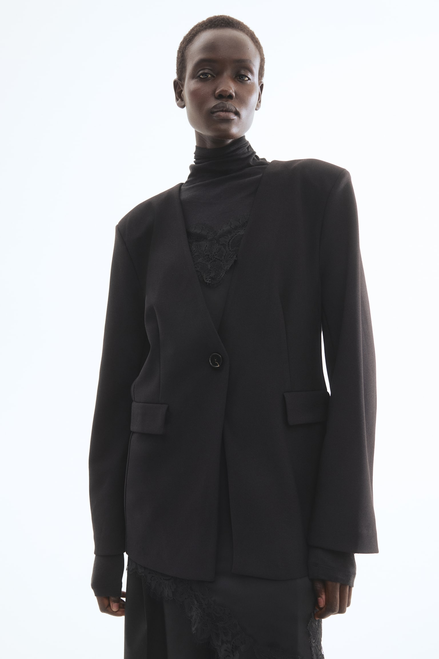 בלייזר ג'רזי ללא צווארון - שחור/חום כהה - 4