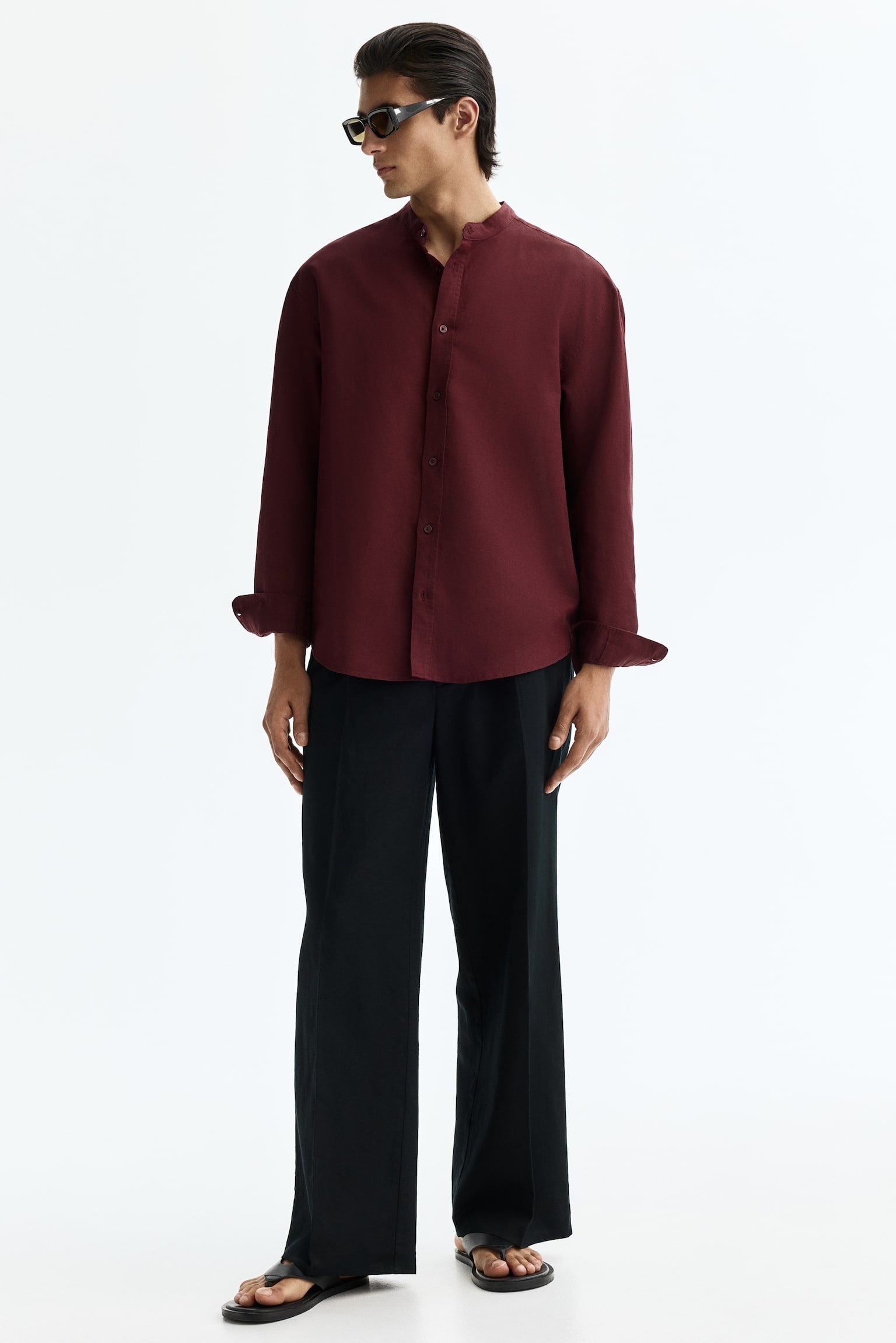 Relaxed Fit Linen-blend shirt - Burgundy/Khaki green/White - 3