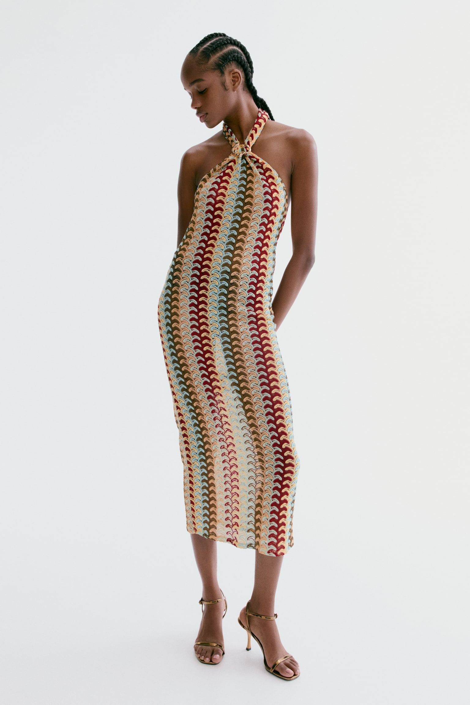Crochet-look halterneck dress - Light blue/Multi striped - 1