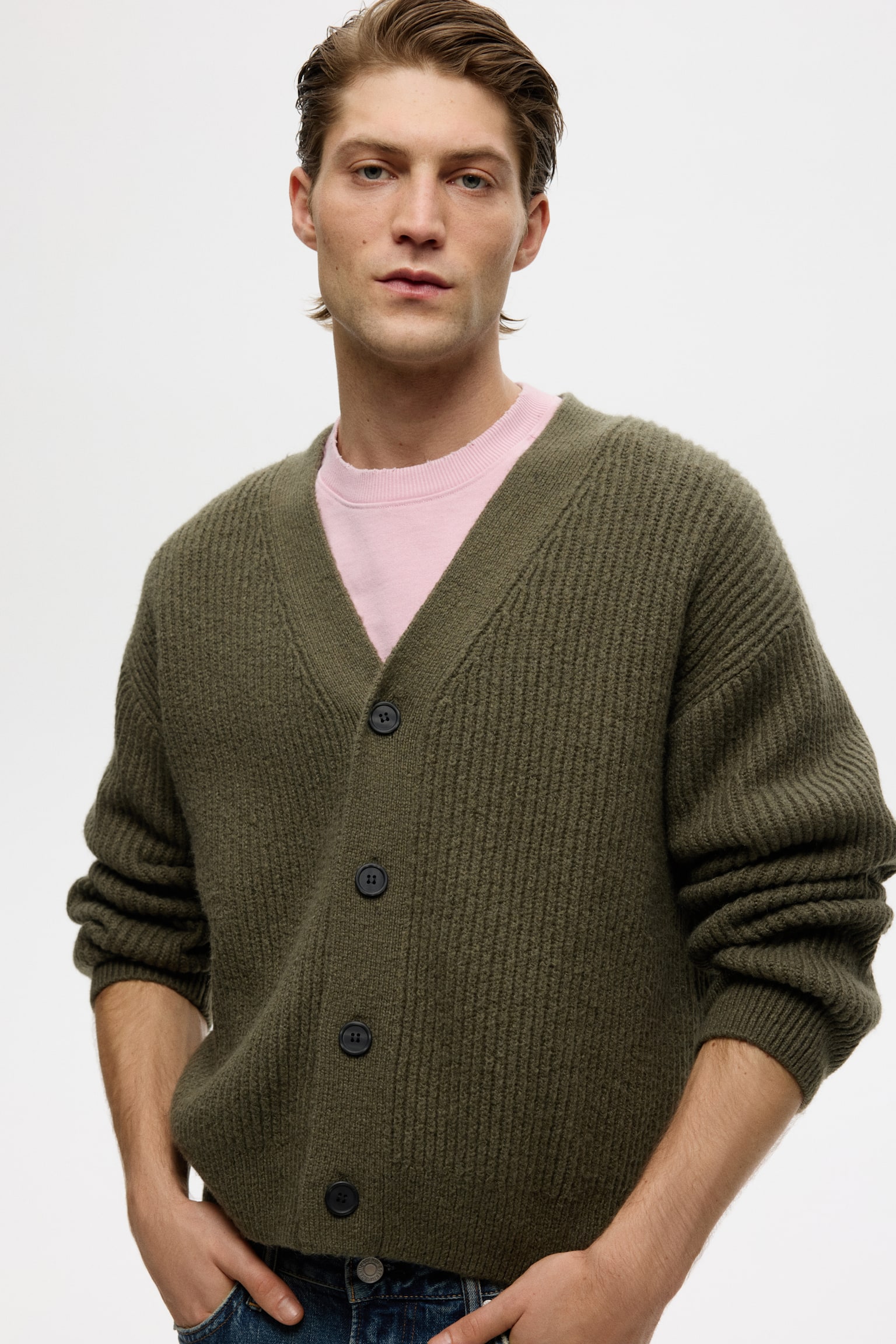 Loose Fit Rib-knit cardigan - Khaki green/Beige/Dark khaki green - 1