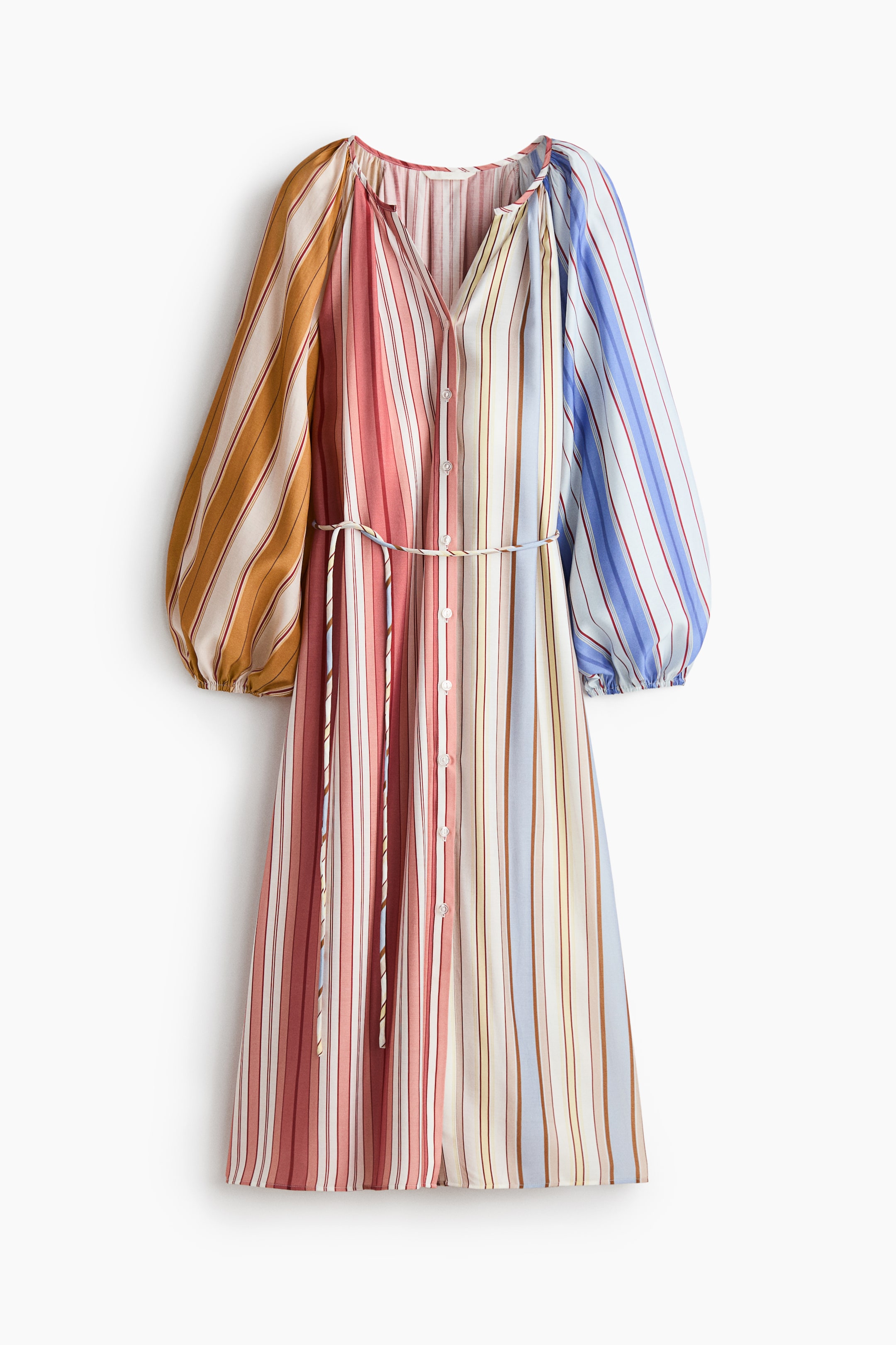 View larger image: The multi-coloured striped midi dress is showcased front-facing, featuring a gathered V-neckline and long balloon sleeves with elasticated cuffs. It displays a full-length button placket down the front and a braided tie belt cinching the waist.
