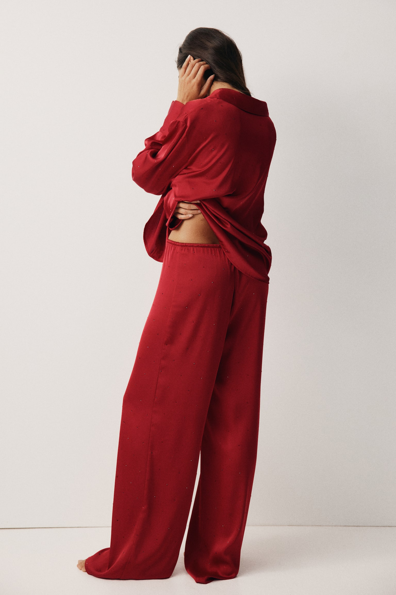 Пижамные брюки Embellished, атлас — H&M, цвет: Тёмный красный — фото 5